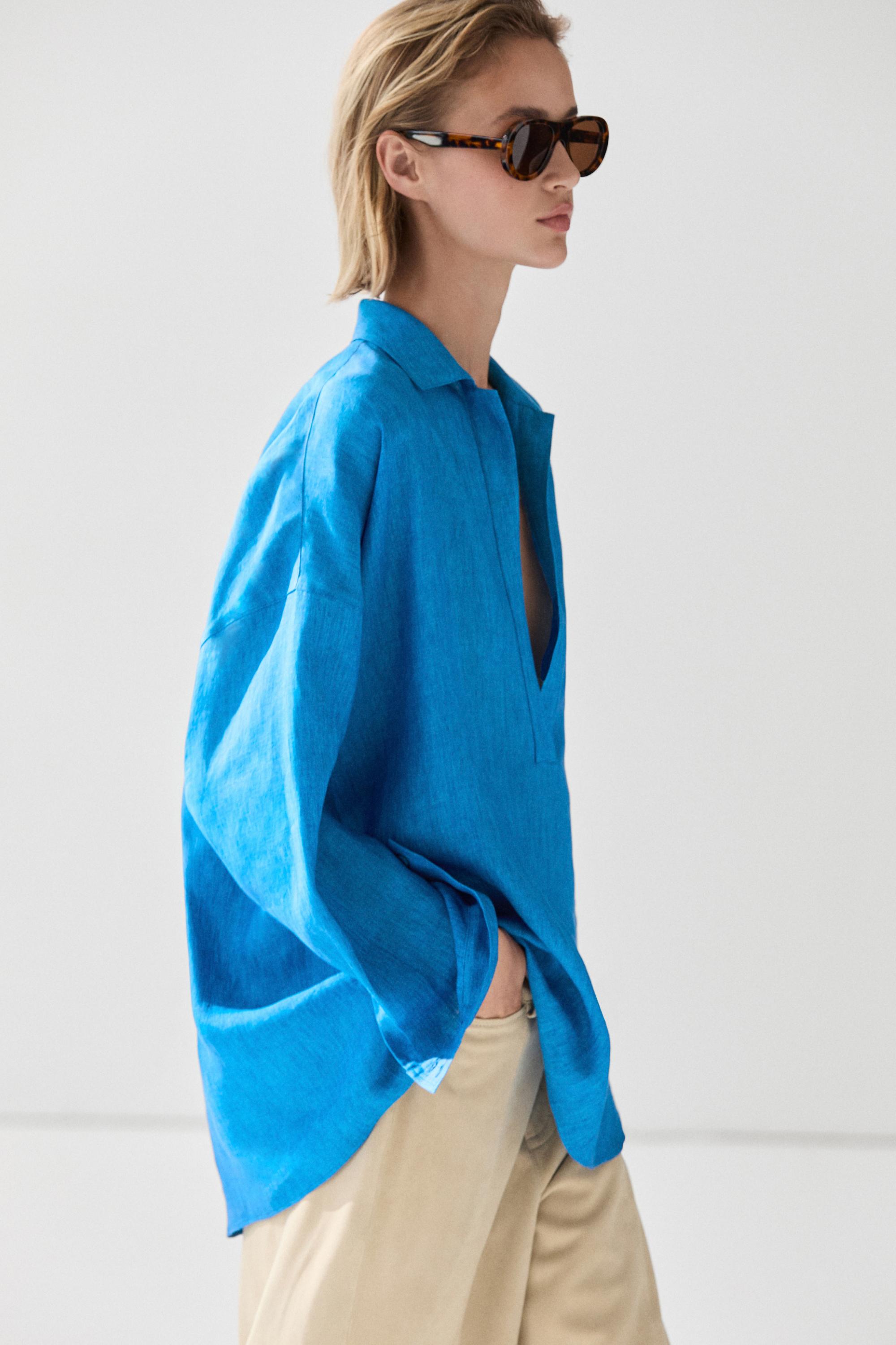 100% linen flowing blouse — BLUE