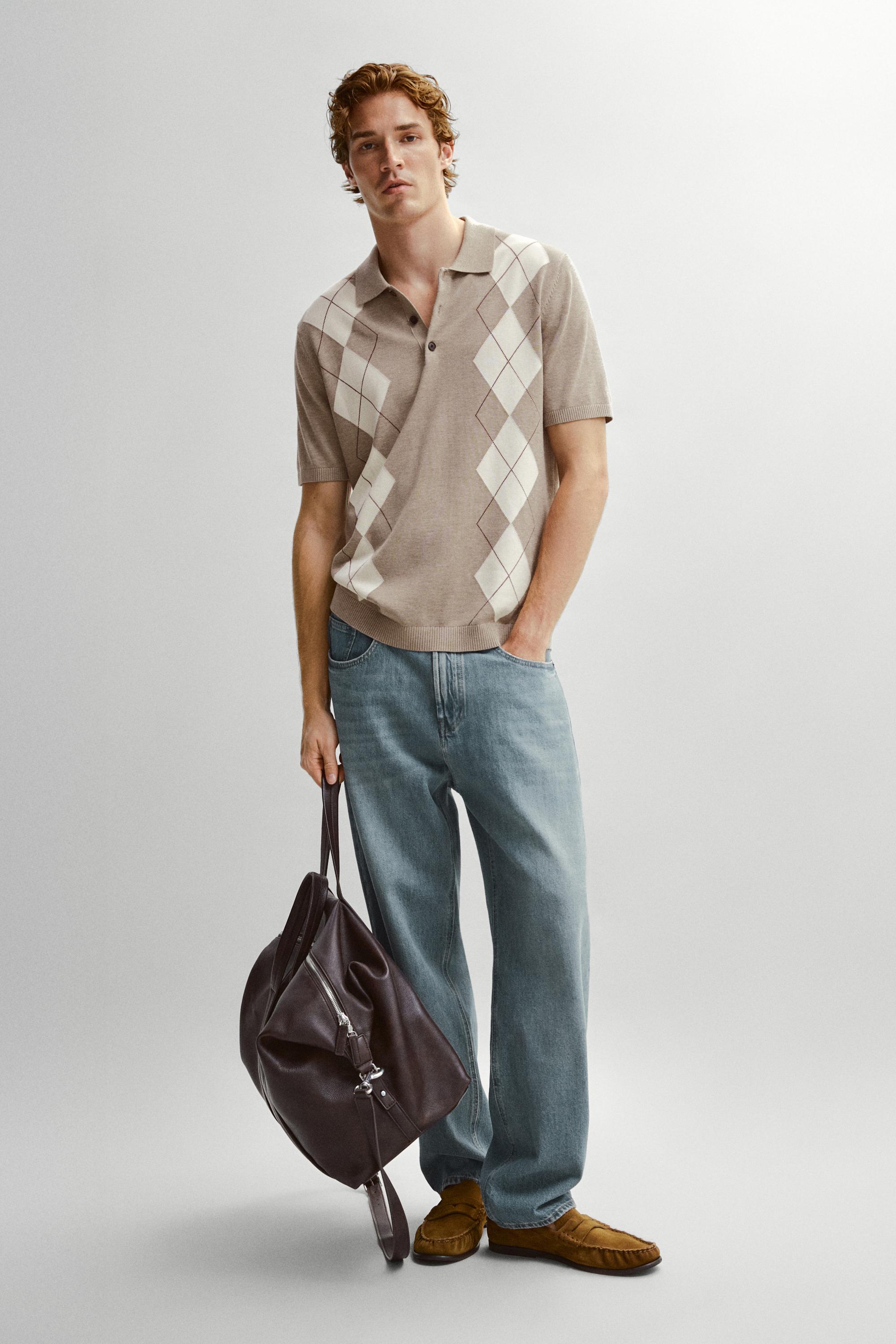 Cotton blend diamond pattern short sleeve polo shirt — BEIGE MARL