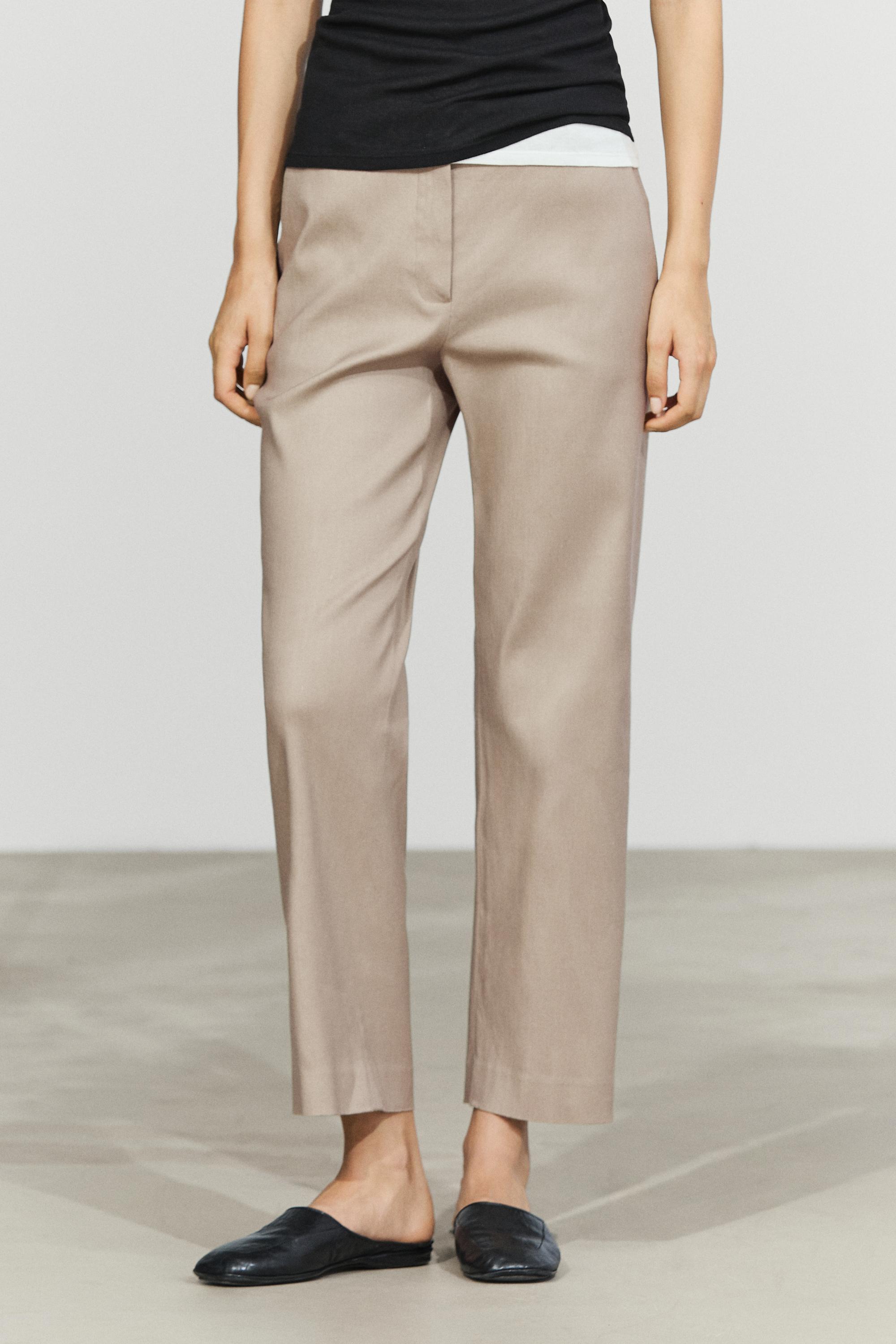 Straight-leg linen blend trousers — BEIGE