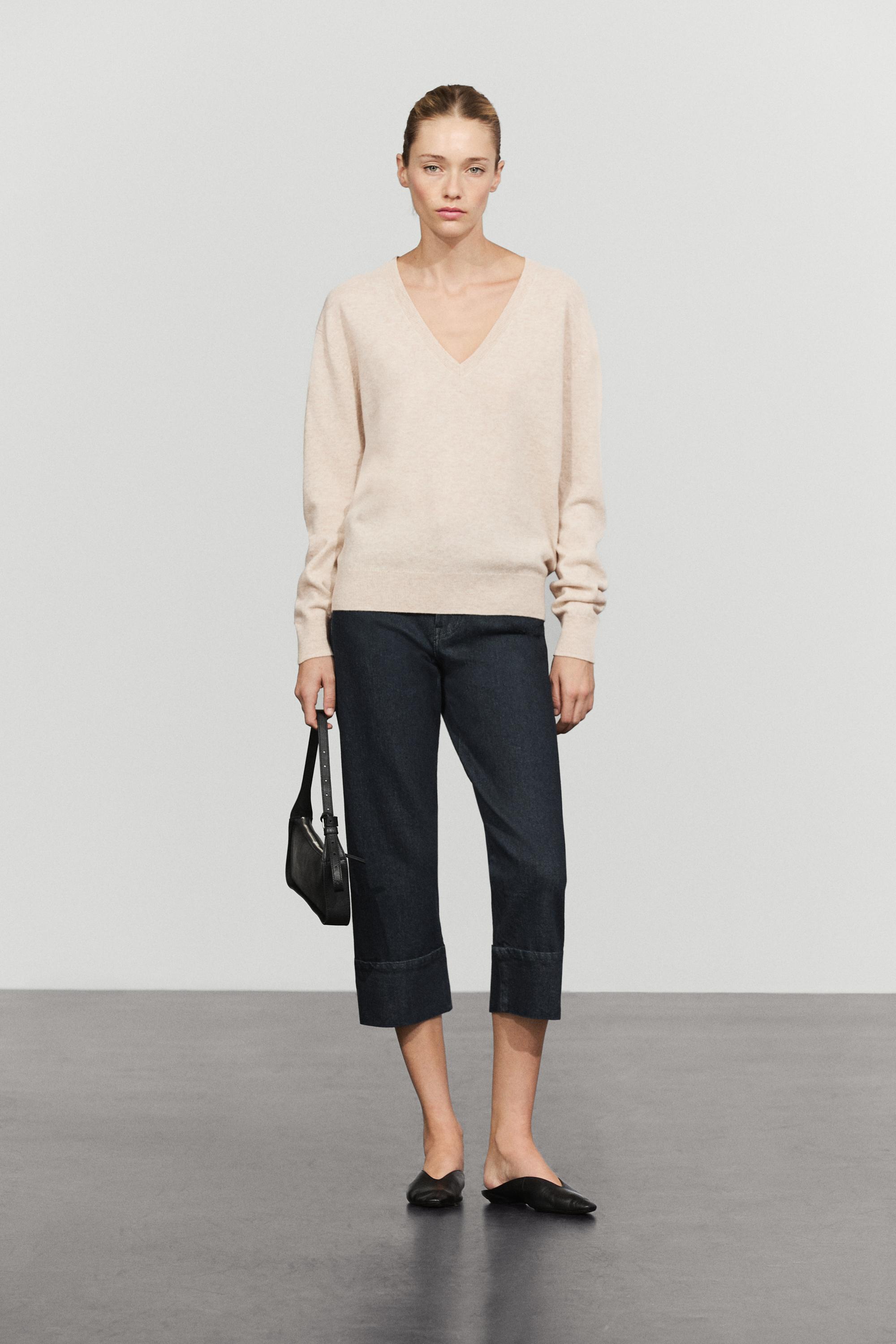 Wool blend V-neck knit sweater — BEIGE MARL