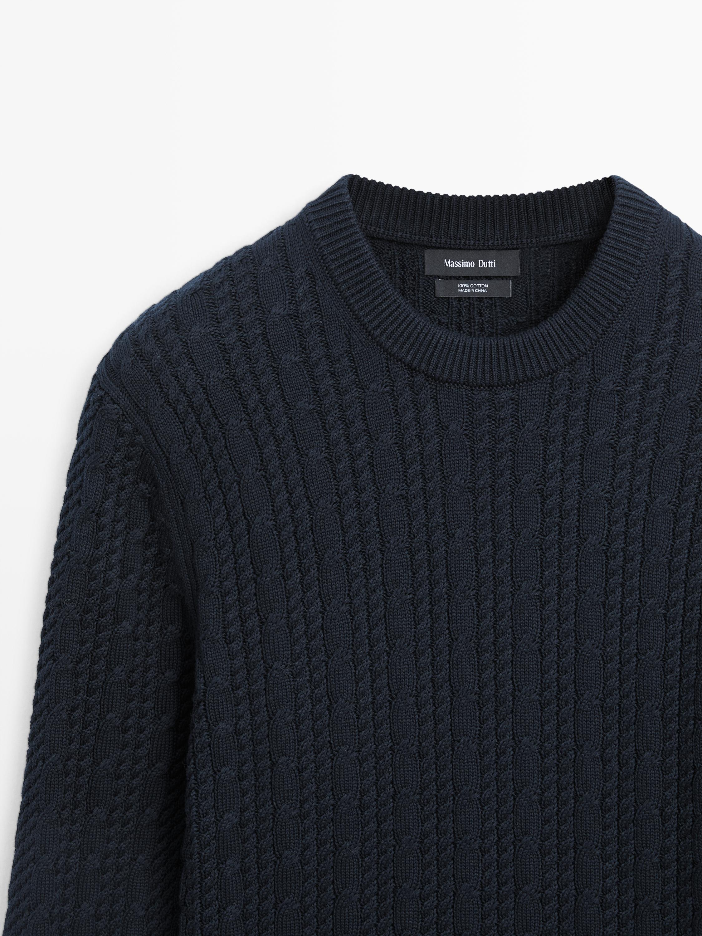 Cable-knit 100% cotton sweater with crew neck — NAVY BLUE