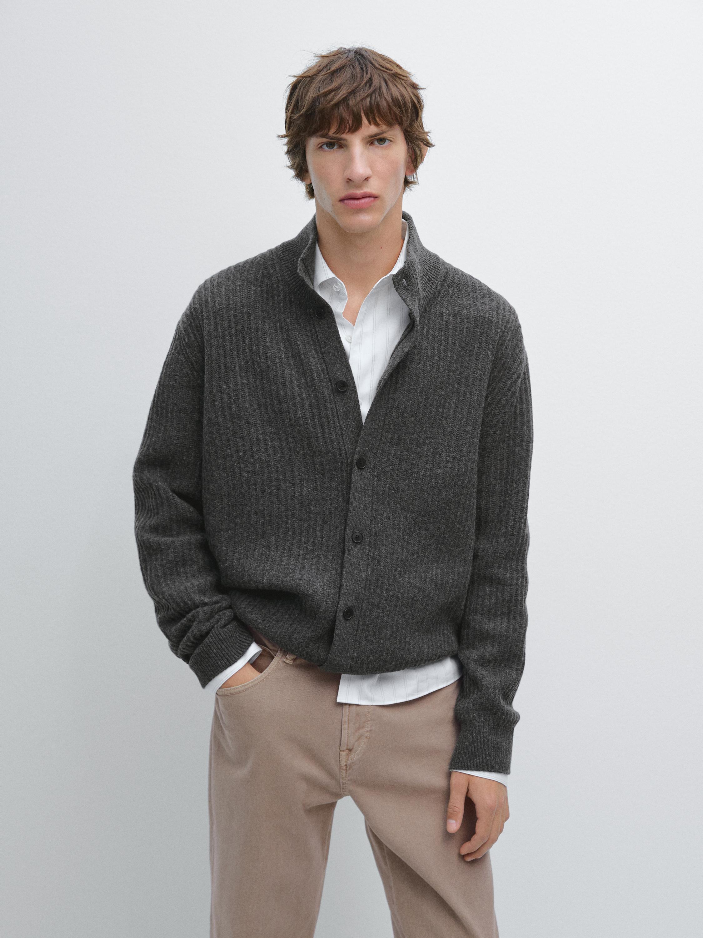 Cotton blend knit cardigan with high neck