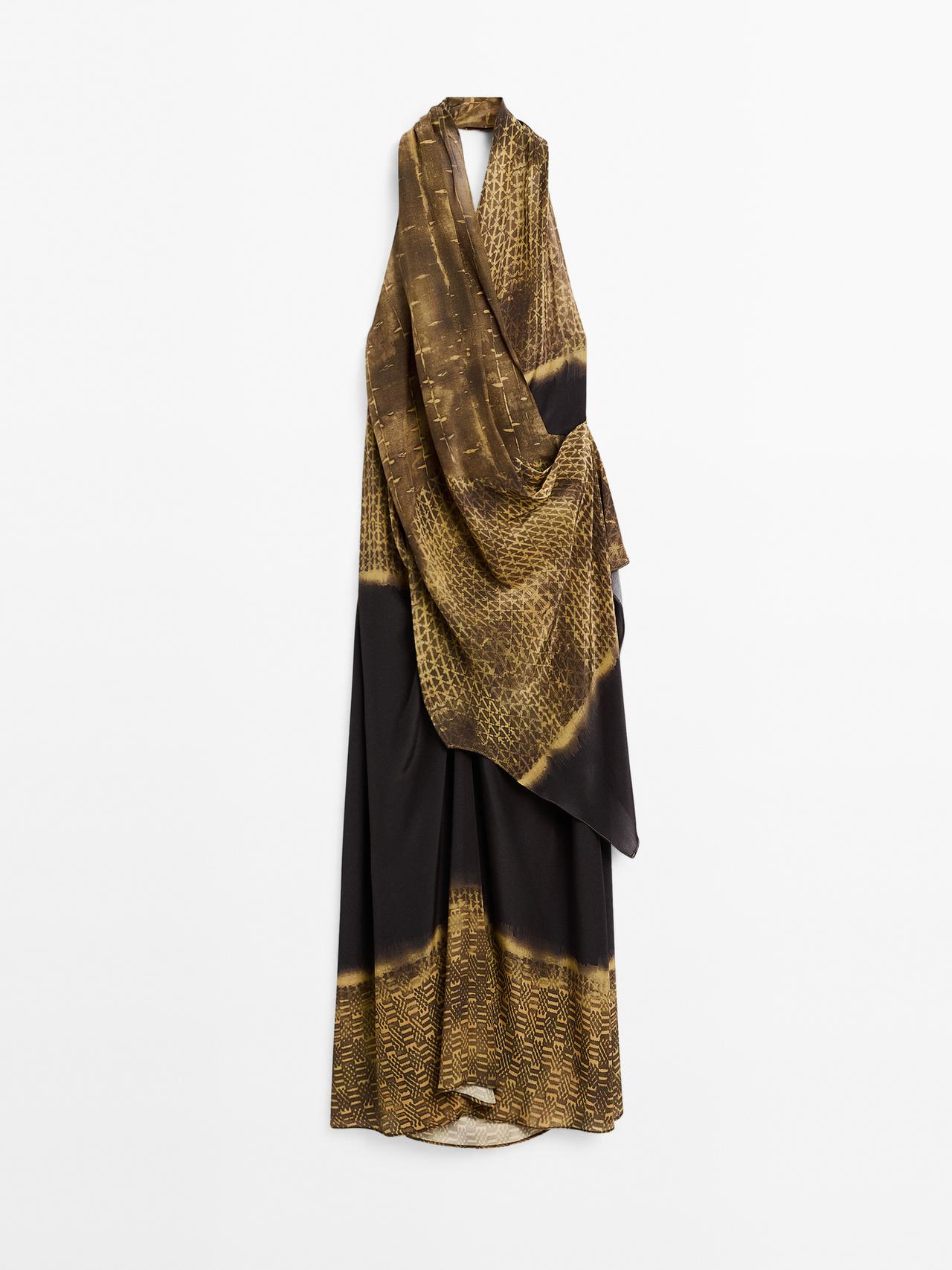 Massimo Dutti - Dame - Mønstret Midikjole Med Halterneck - Mørk Grå - 38