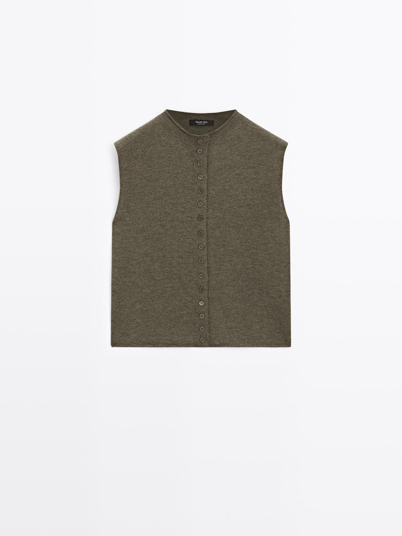 Massimo Dutti - Dame - Kort, Strikket Vest I Uldblanding - Grøn - M