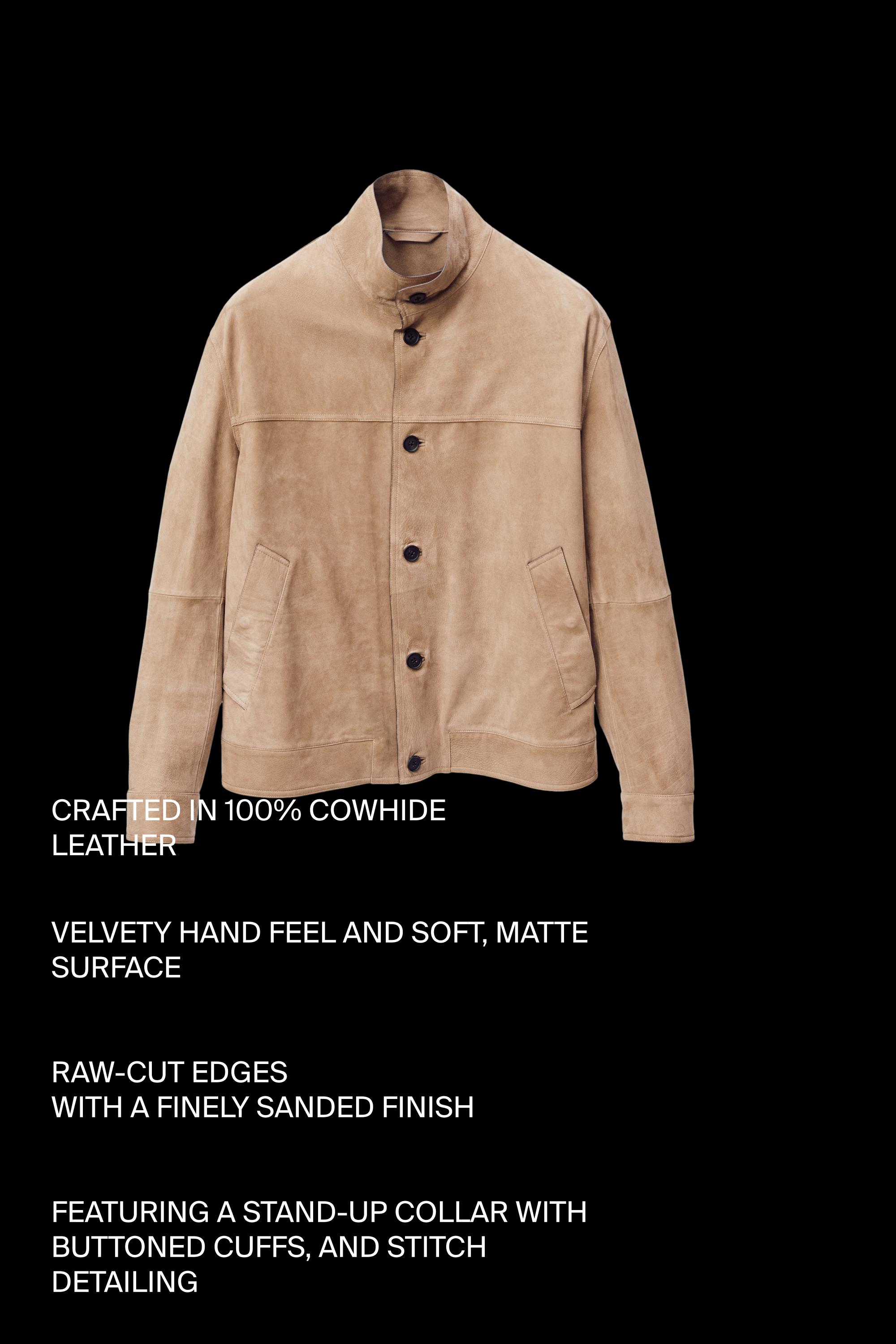 Nubuck leather jacket with stand-up collar — BEIGE