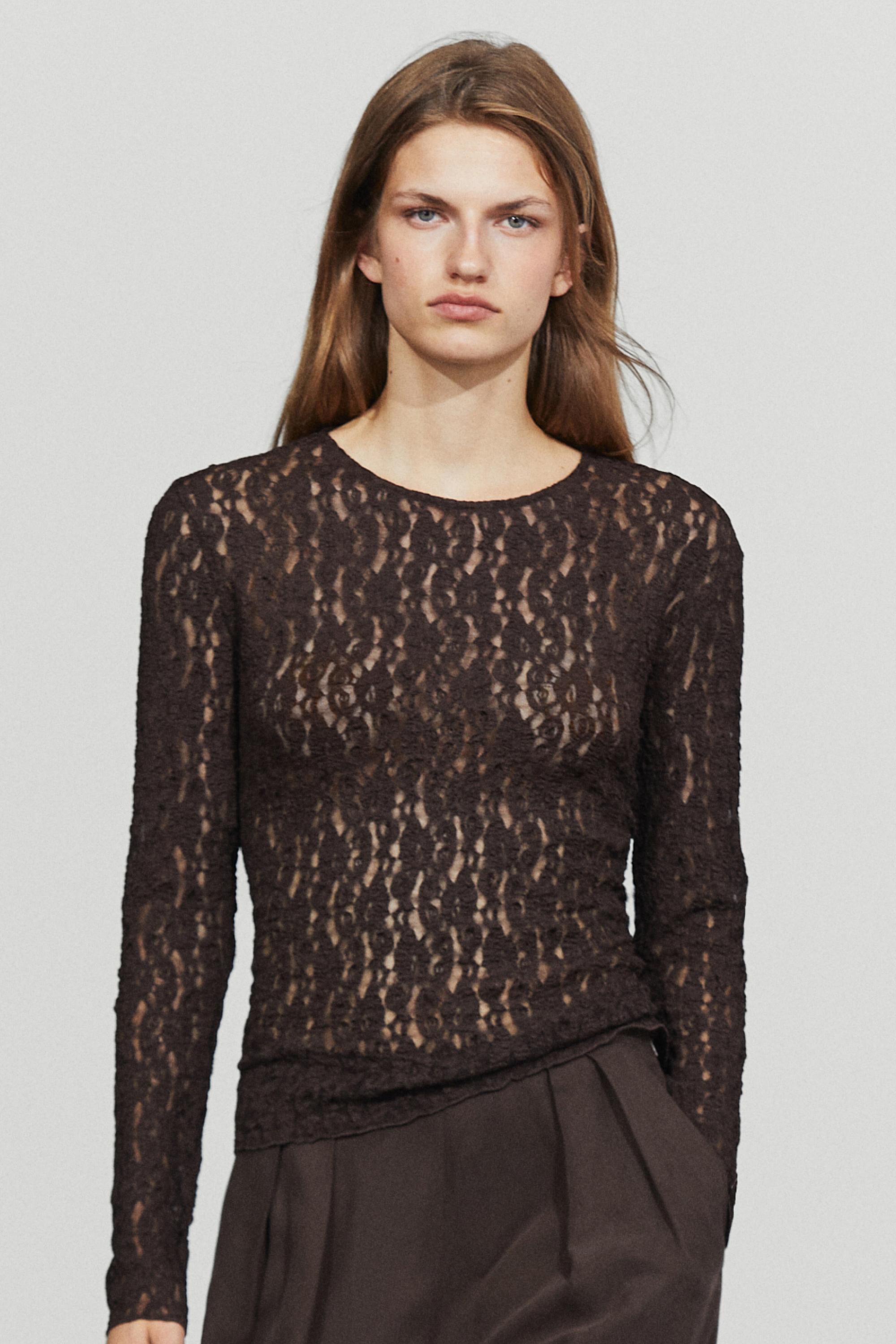 Long sleeve lace detail T-shirt — BROWN