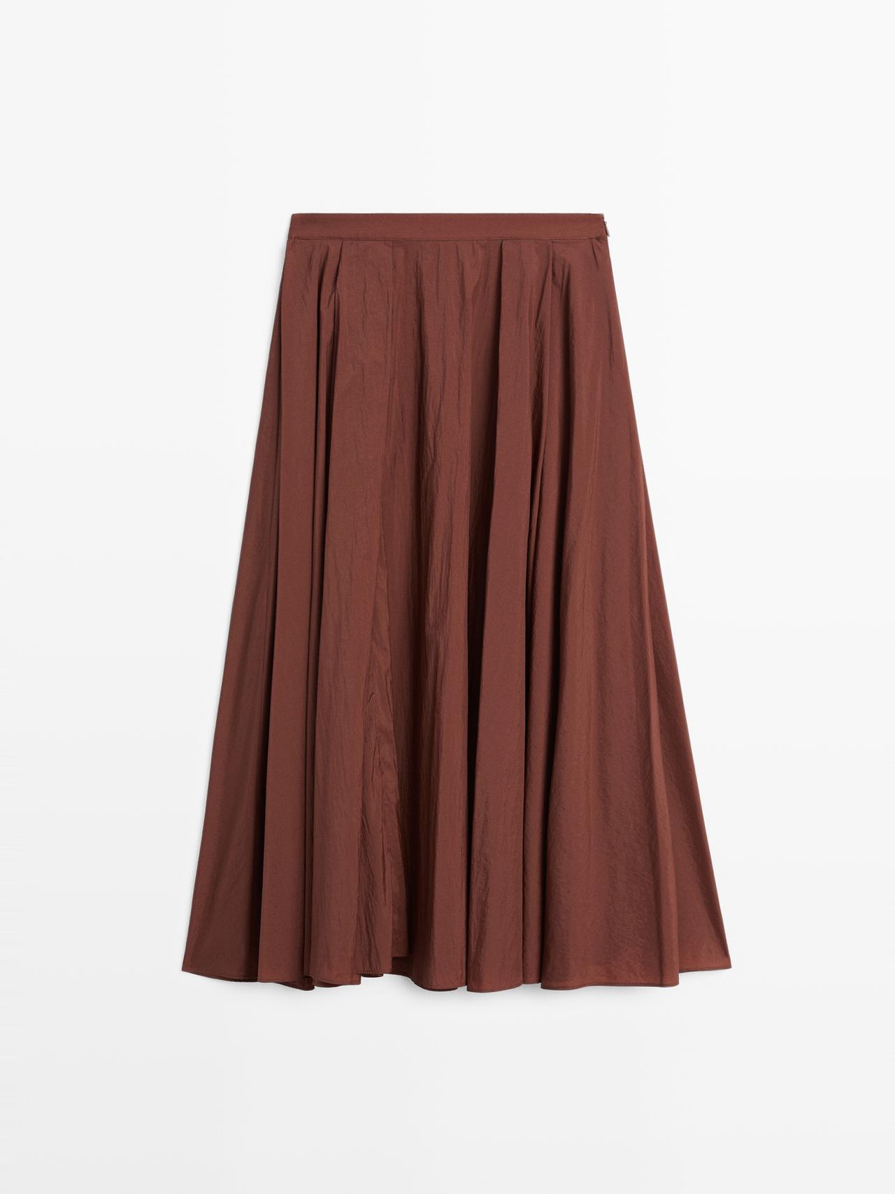 Massimo Dutti - Dame - Plisseret Midi-Nederdel I Funktionsstof - Tegl - 40