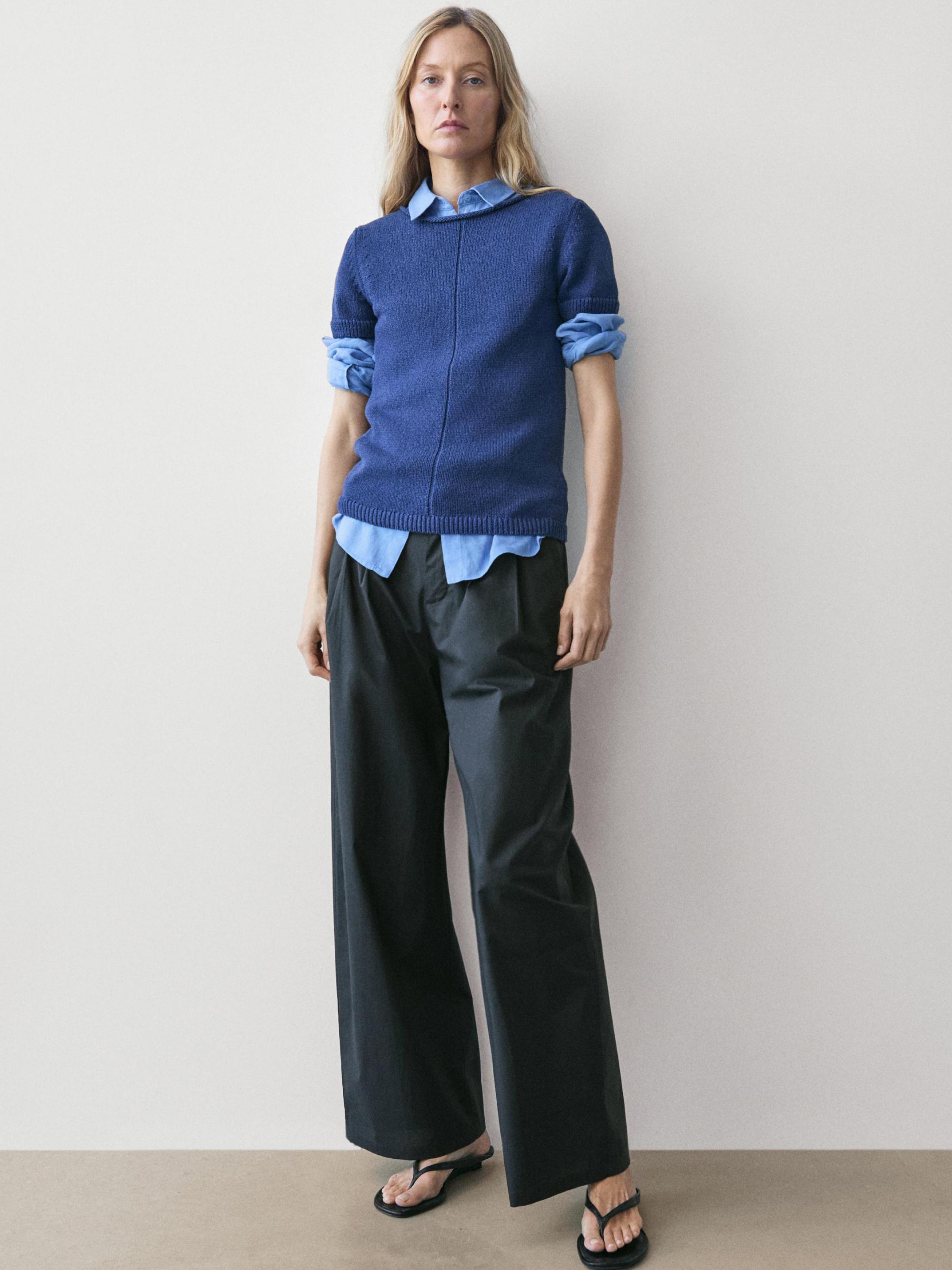 Short sleeve knit cotton blend sweater — DEEP BLUE