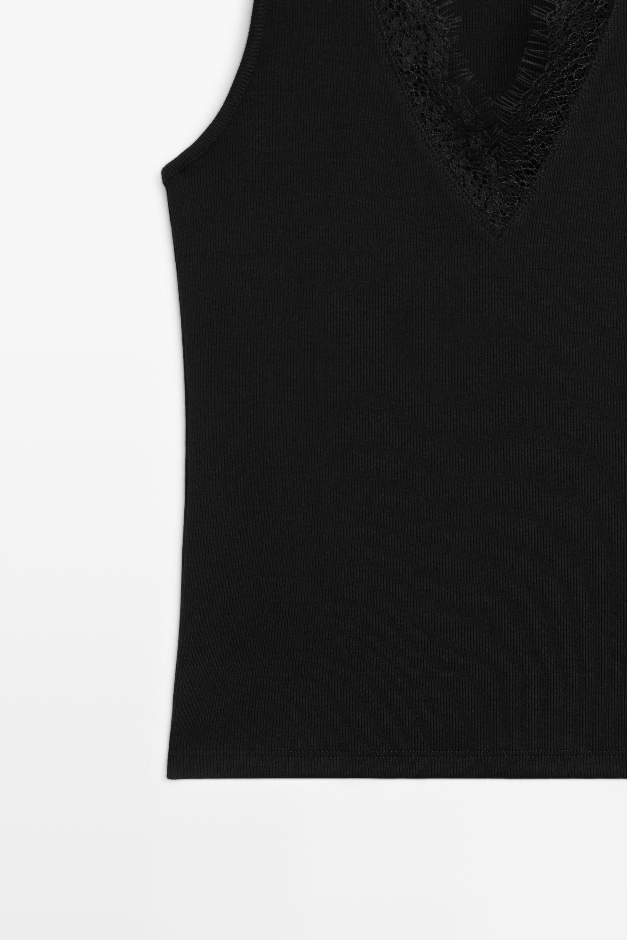 V-neck lace trim camisole top — BLACK