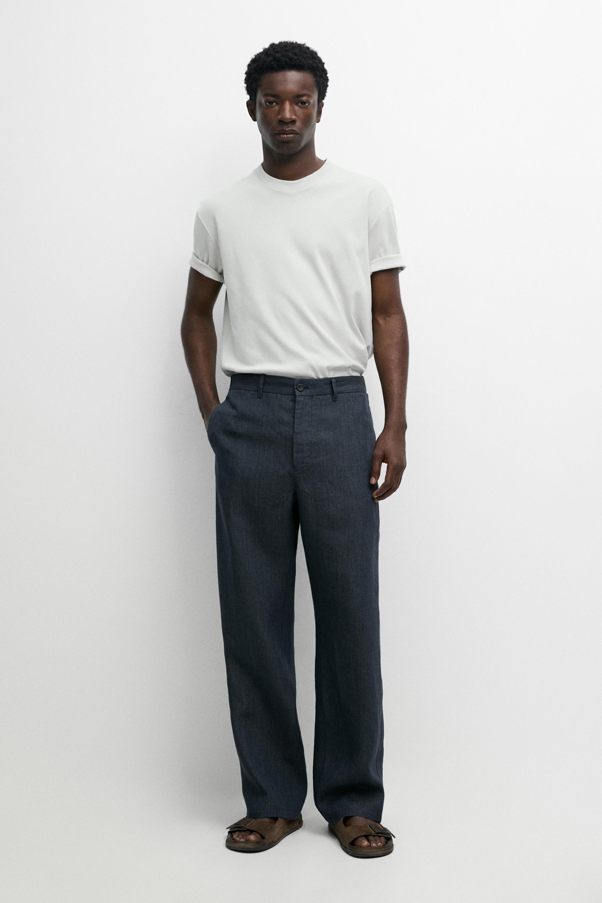 100% Linen Elastic-Waist Pants — NAVY BLUE