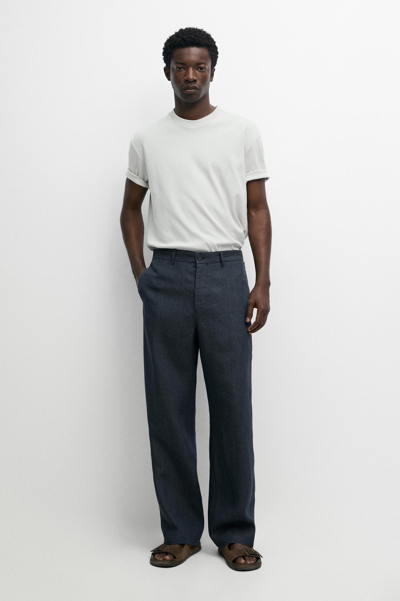 100% Linen Elastic-Waist Pants — NAVY BLUE