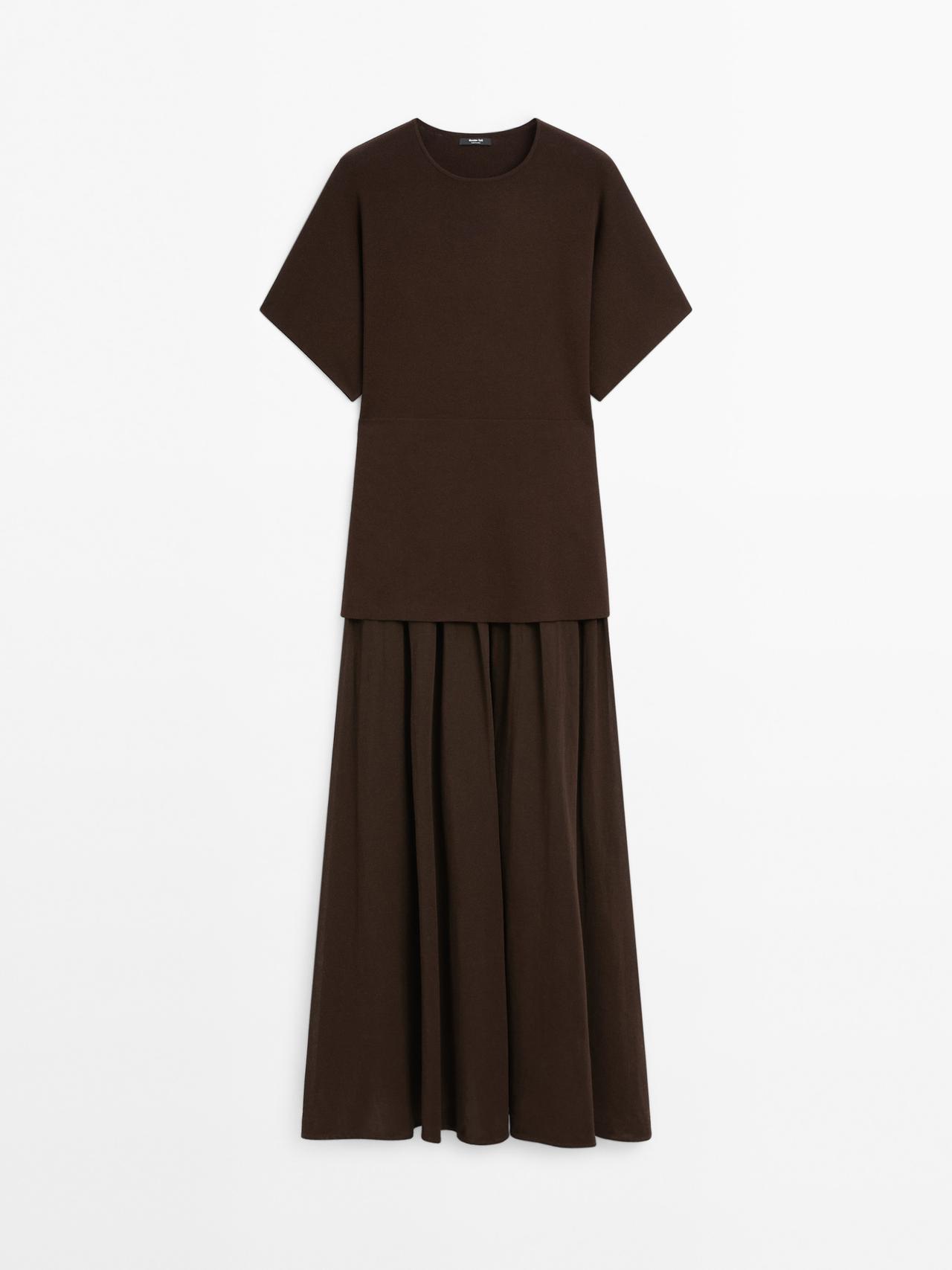 Massimo Dutti - Dame - Strikket Kjole Med Rynket Detalje I Kontrast - Brun - S