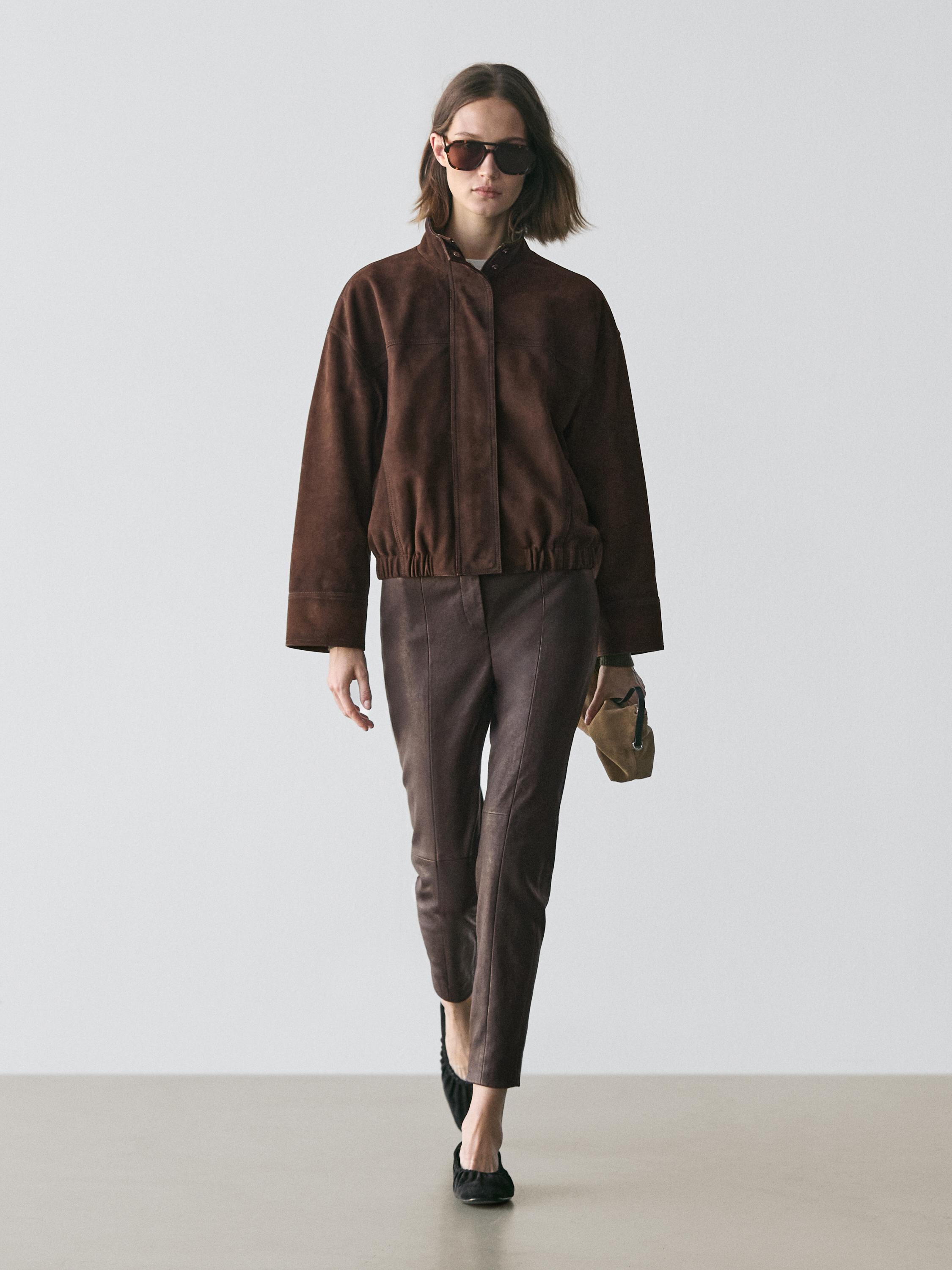Nappa leather leggings with elasticated detail — BROWN
