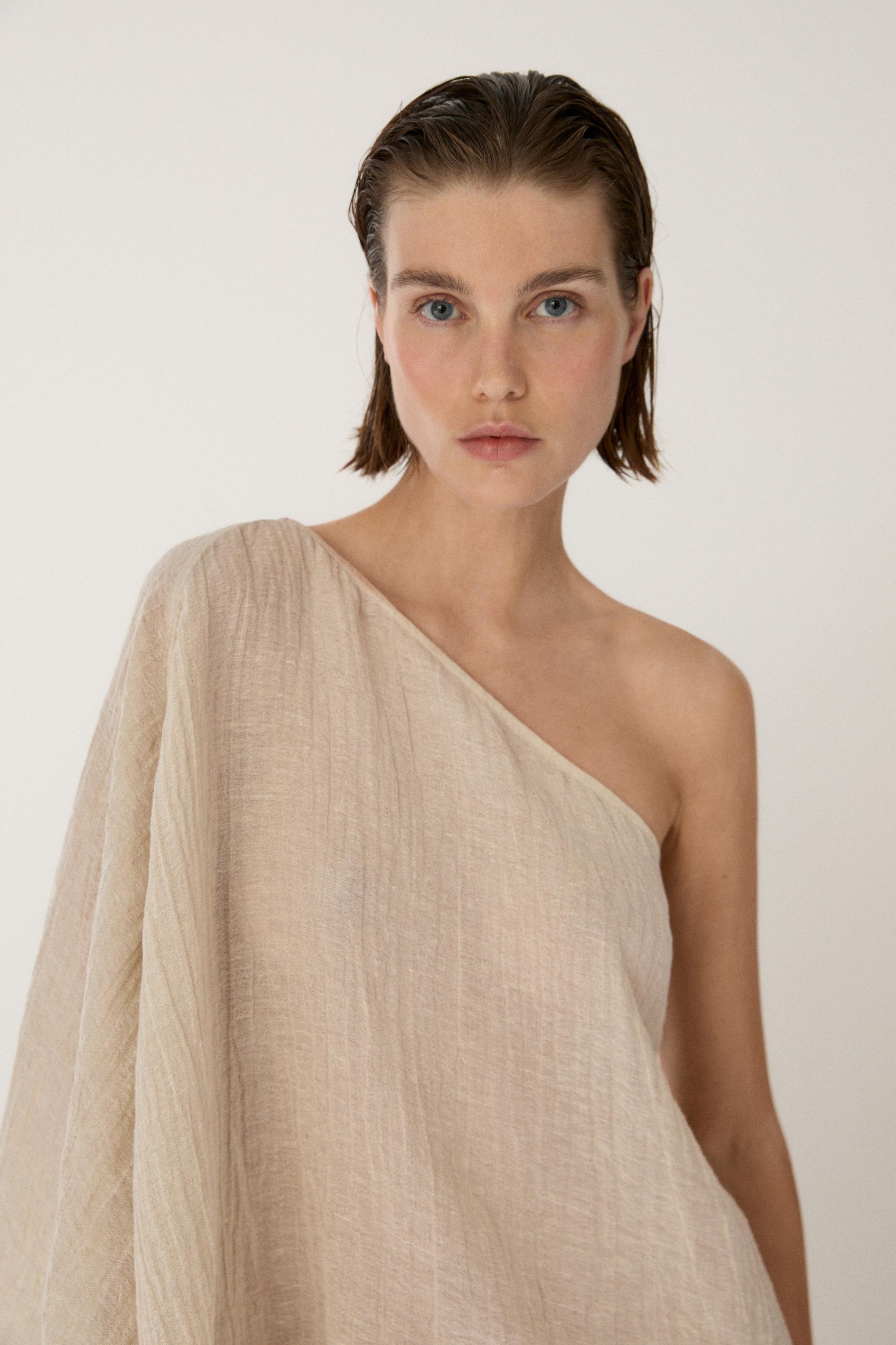 Total look asymmetric linen blend cape top — BEIGE MARL