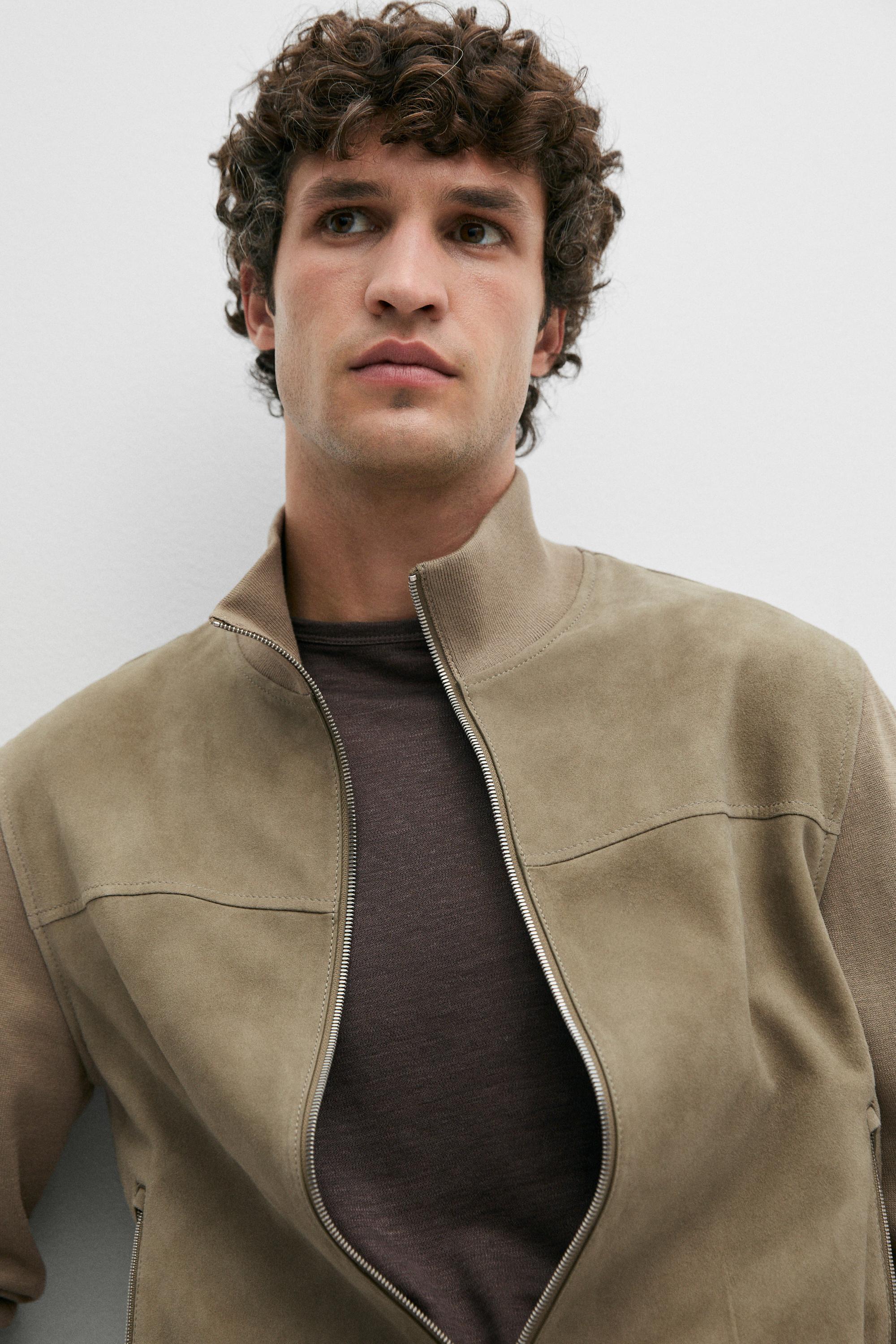 Contrast knit and suede leather jacket — PALE KHAKI