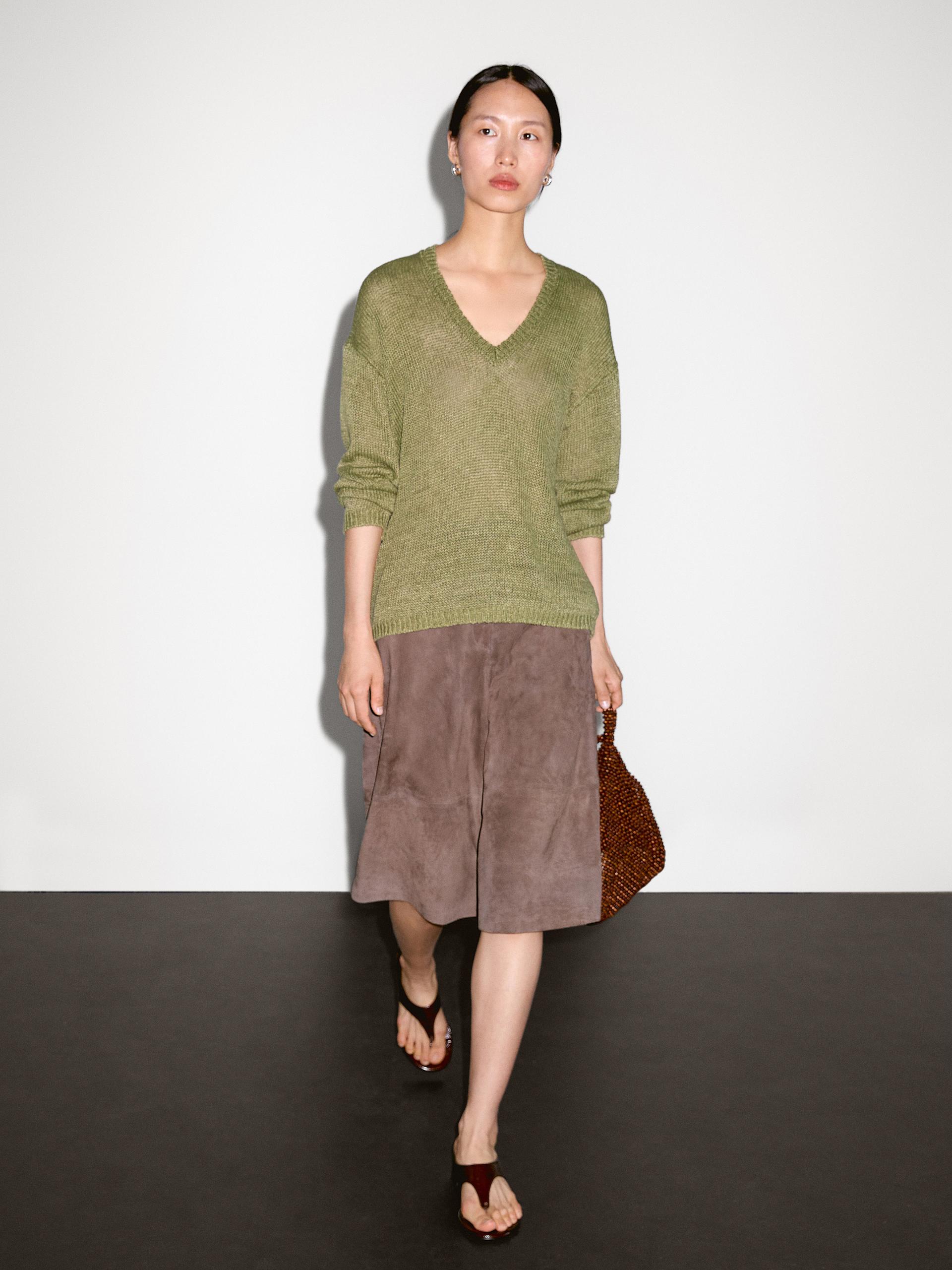Ażurowy Sweter Ze 100% Lnu - Zielony - L - Massimo Dutti - Kobieta