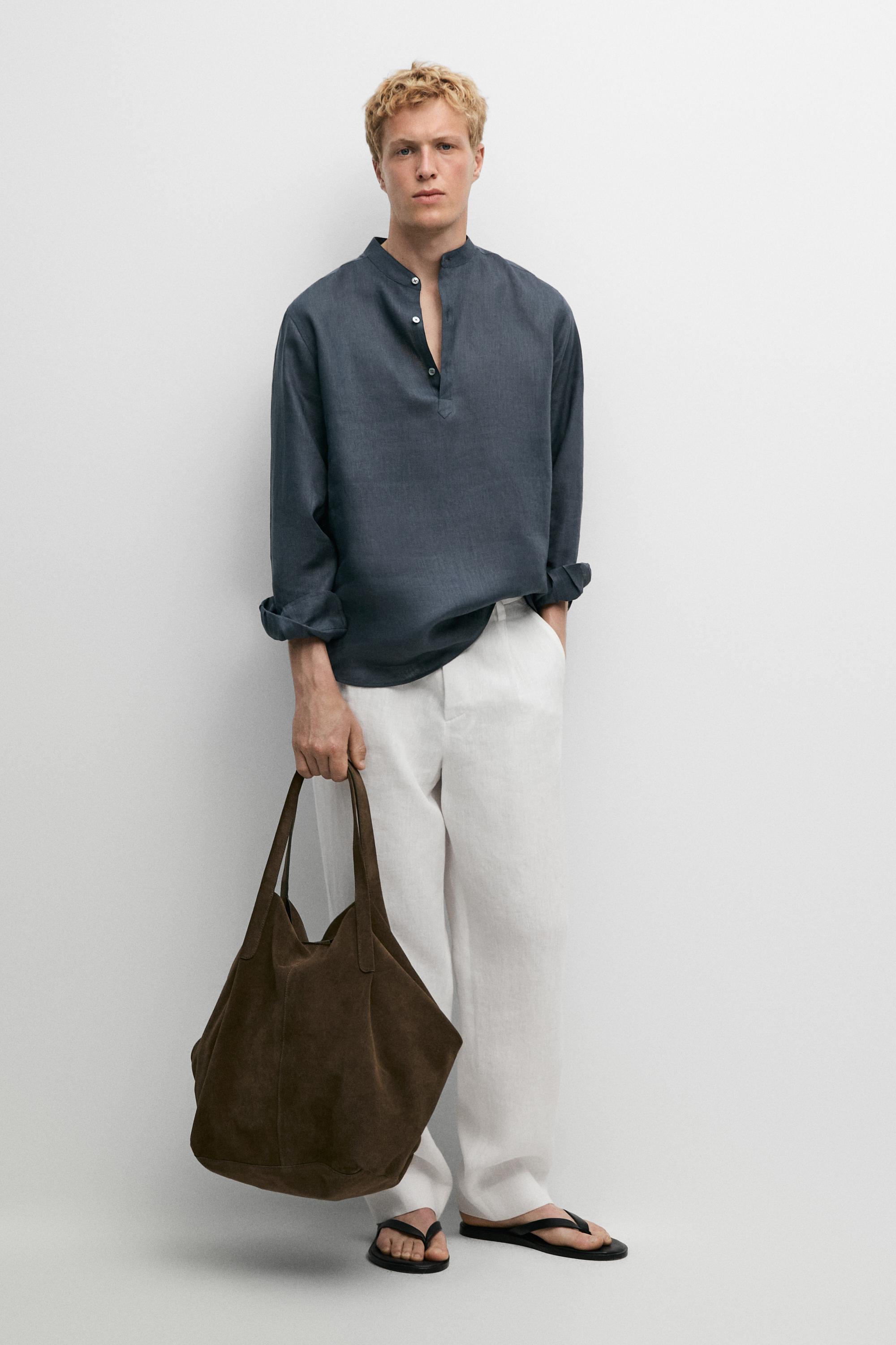 Regular fit stand collar 100% linen shirt — PETROLEUM