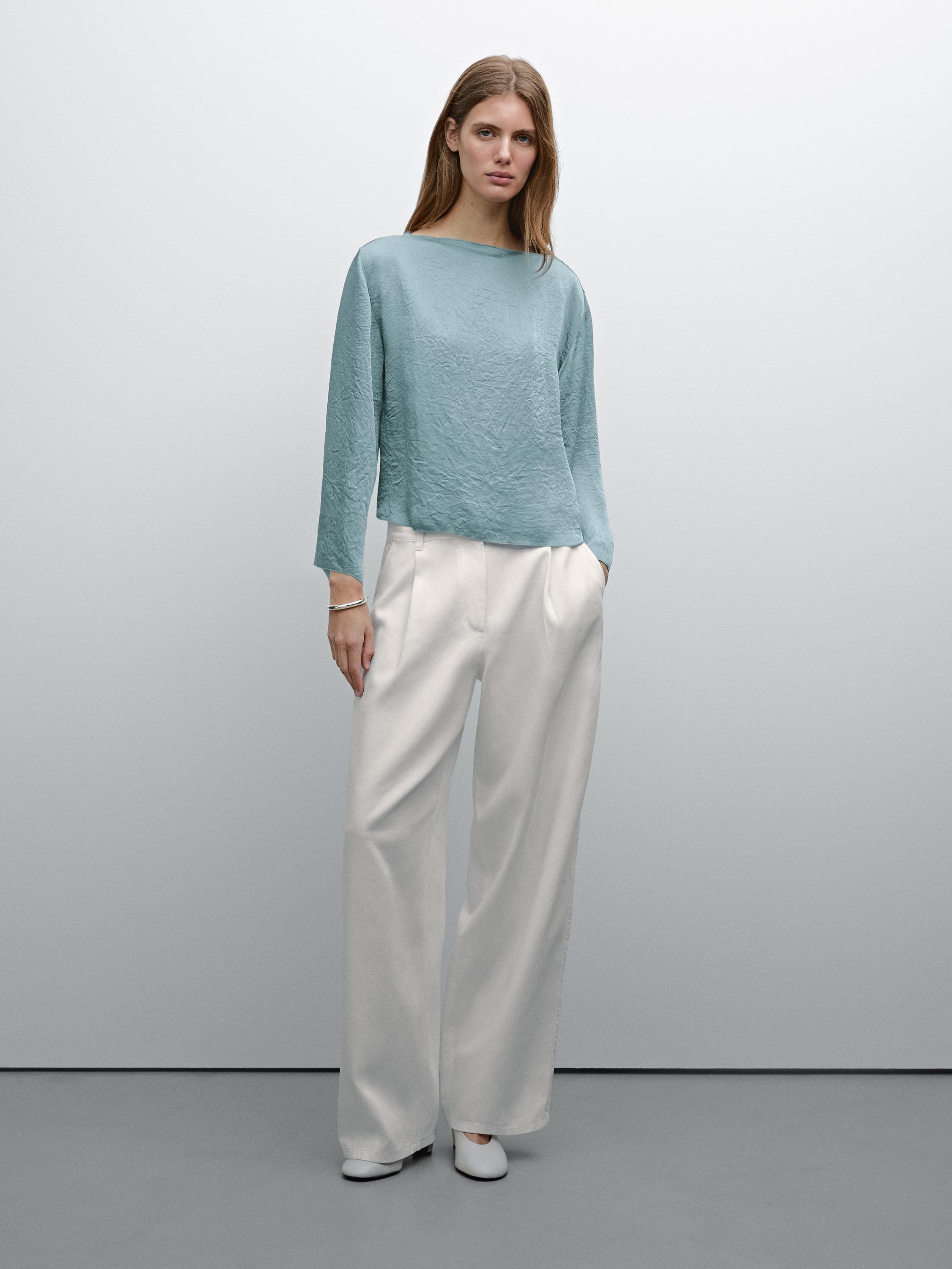 Flounce satin blouse · Light Blue · Dressy | Massimo Dutti