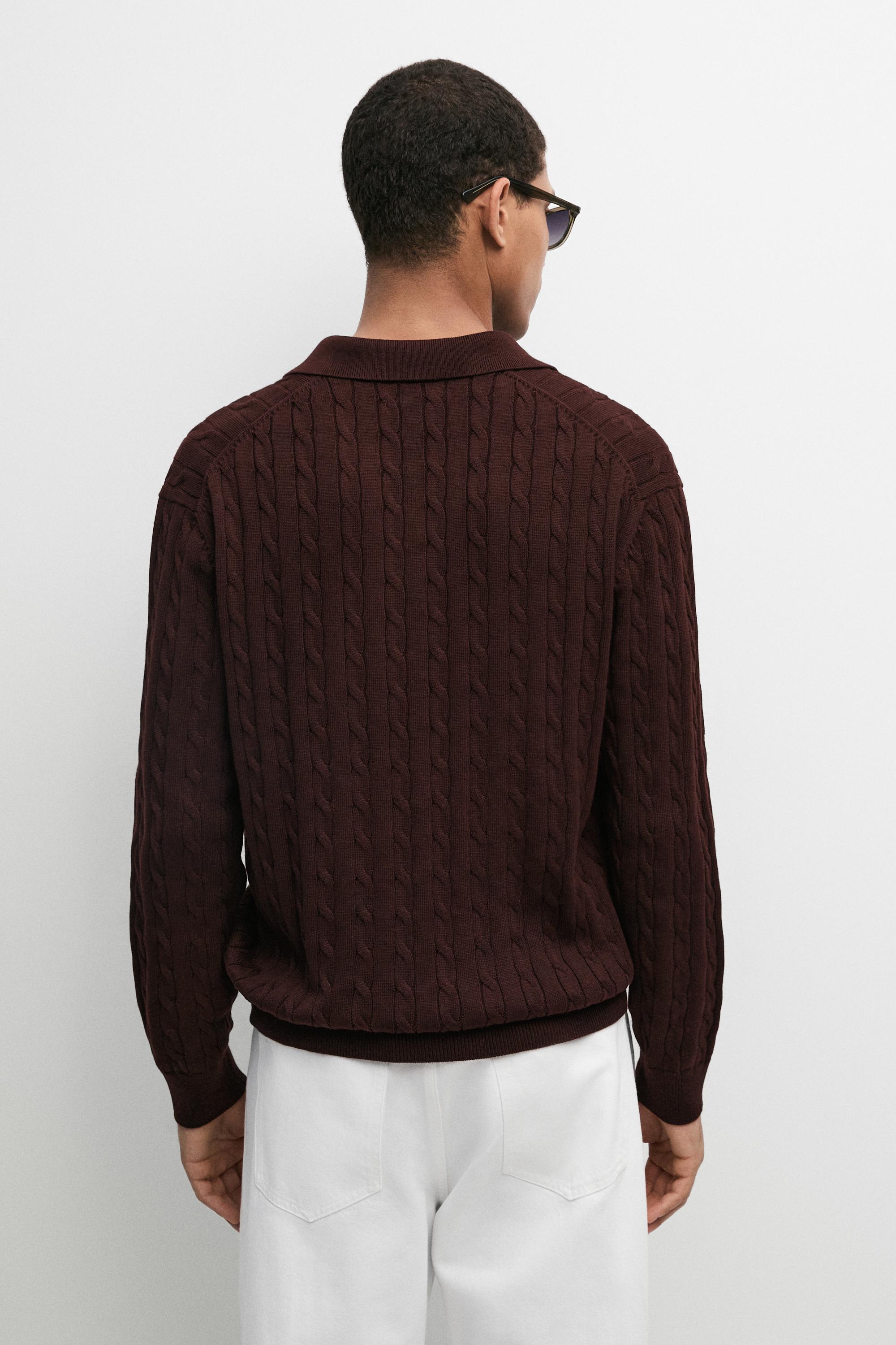 100% Cotton Cable-Knit Polo Sweater — BURGUNDY