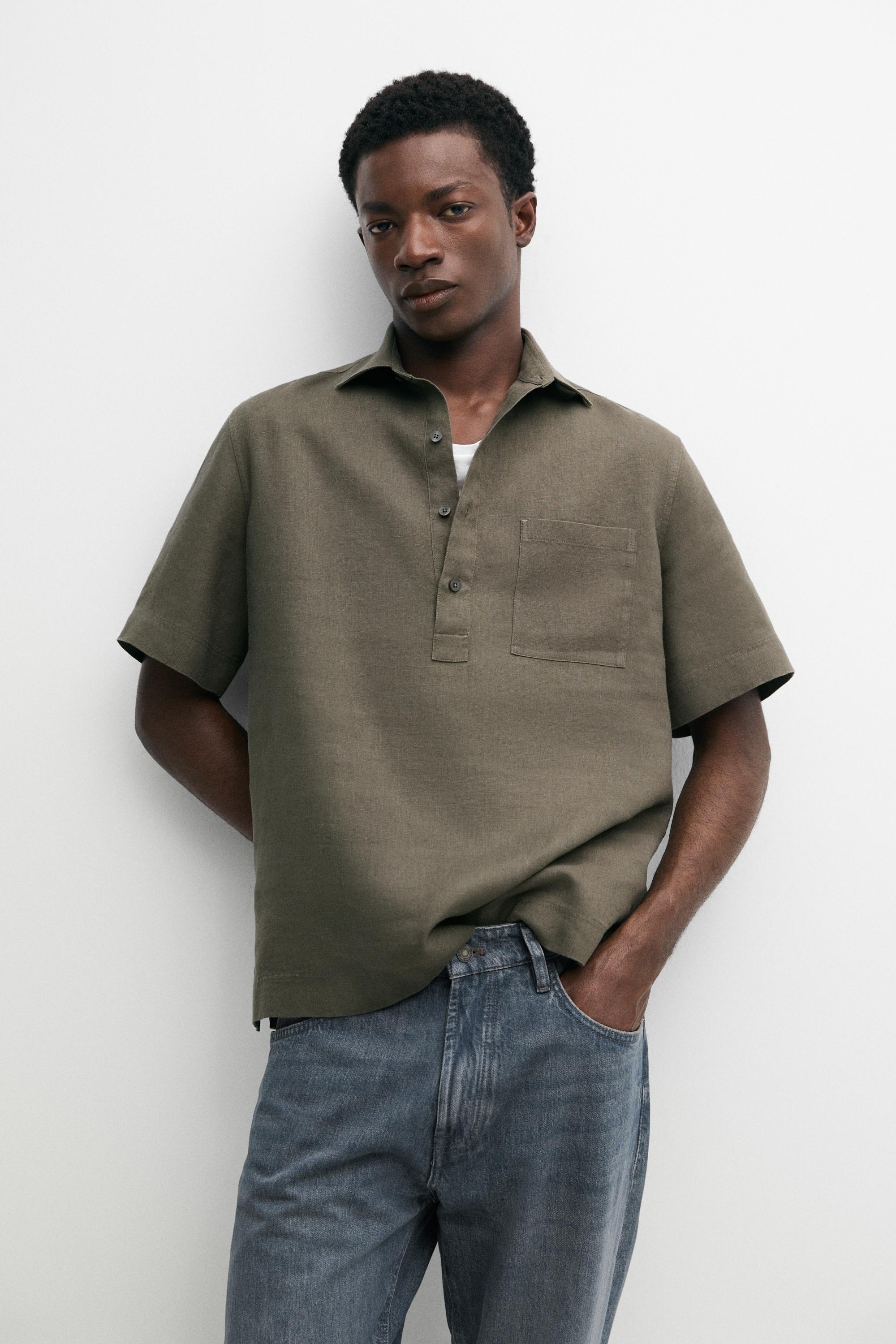 100% linen regular fit polo shirt — DARK GREEN