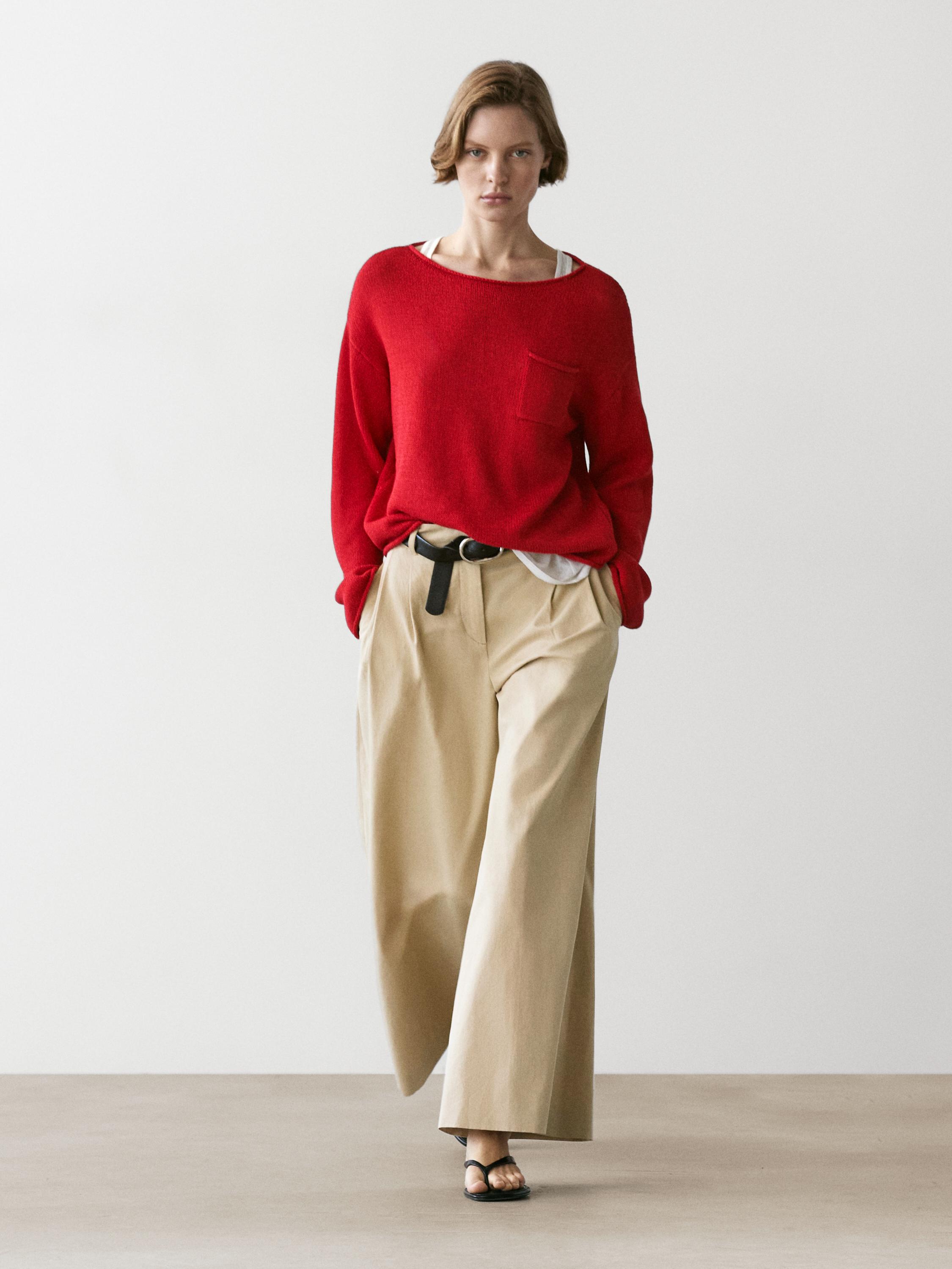 Cotton and linen knit sweater with pocket detail — RED