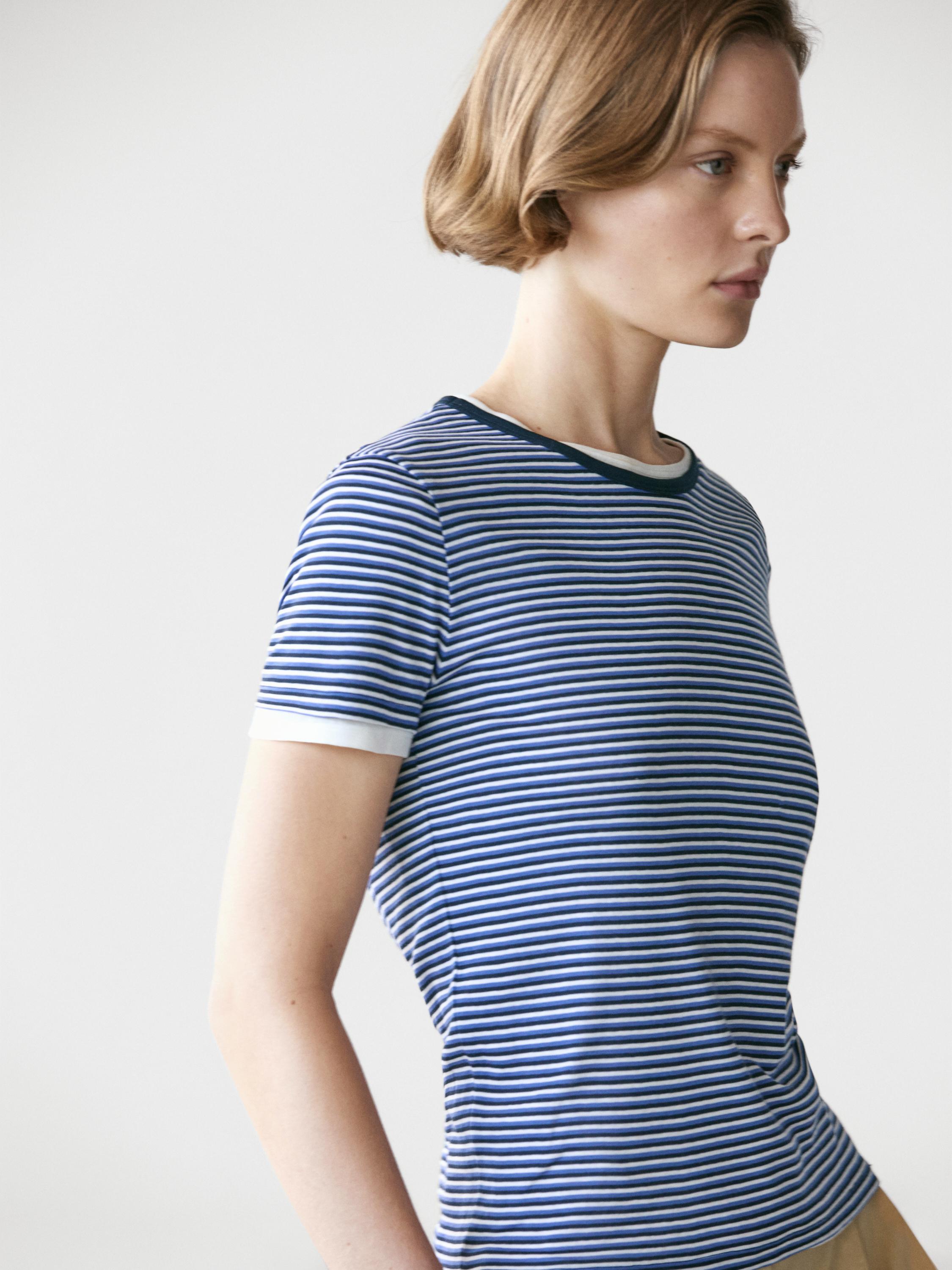 Striped double-layer T-shirt with short sleeves — BLUE