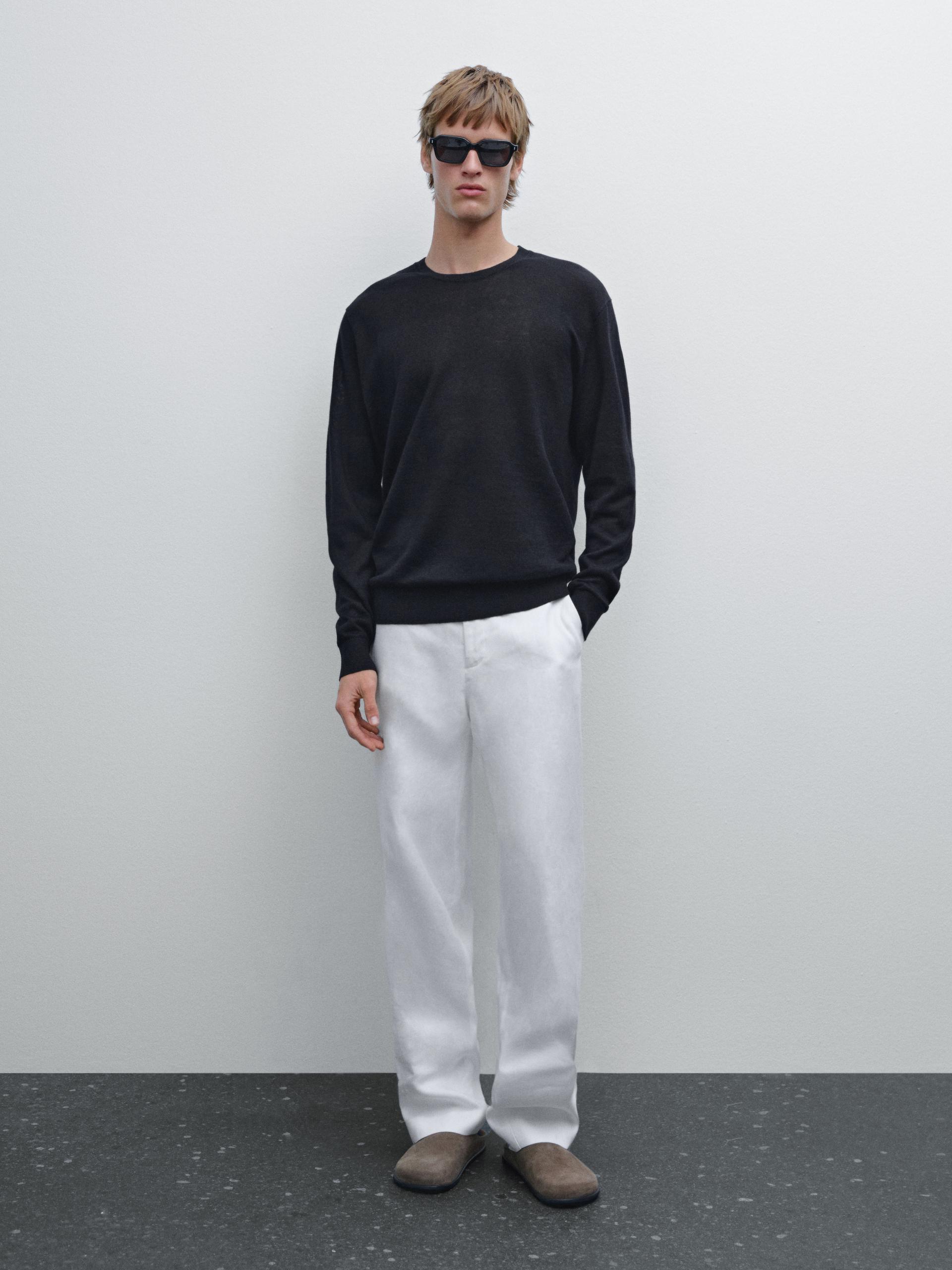 Pull Léger En Maille 100 % Lin - Bleu Marine - M - Massimo Dutti - Homme
