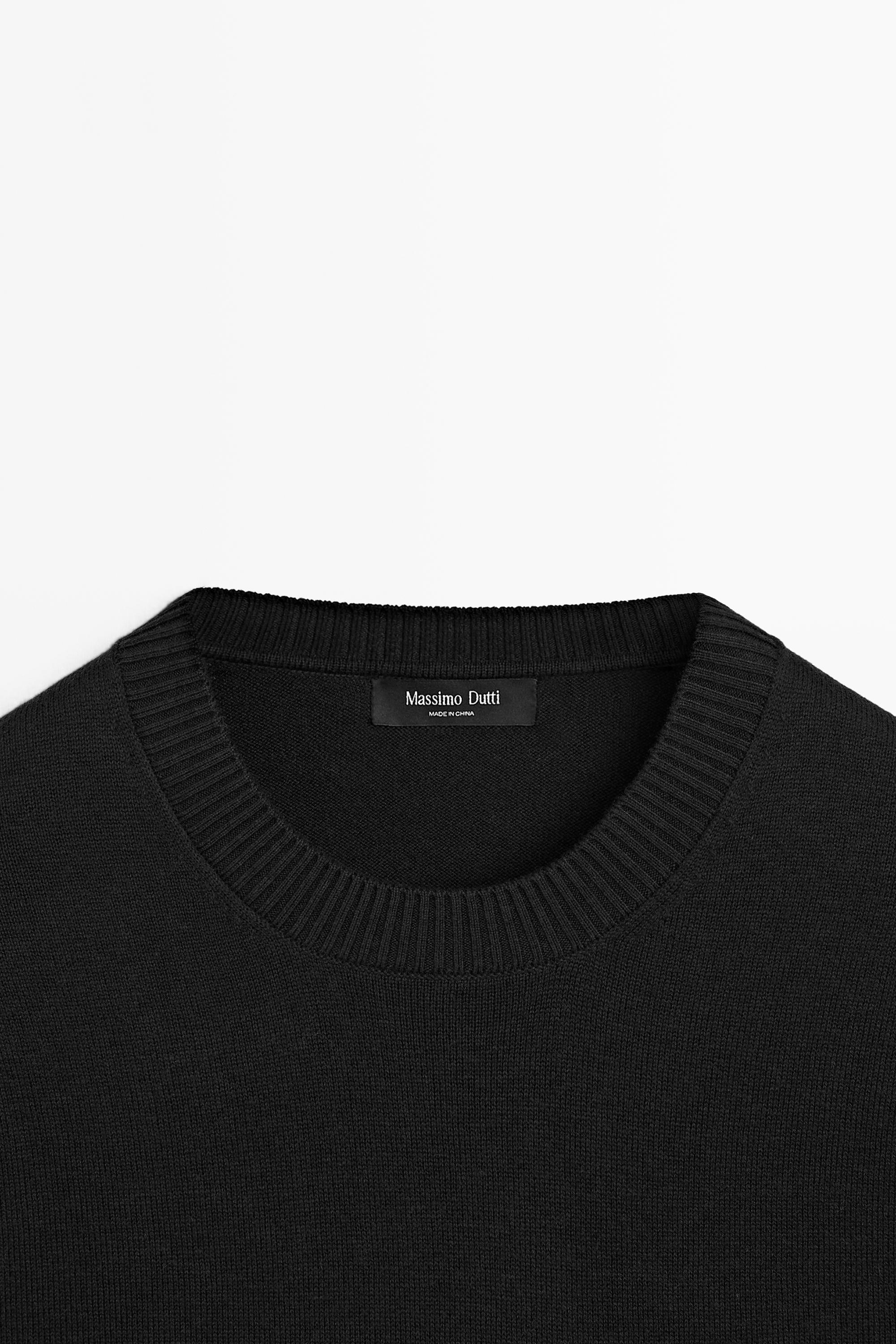 Knit cotton and wool sweater with crew neck — BLACK