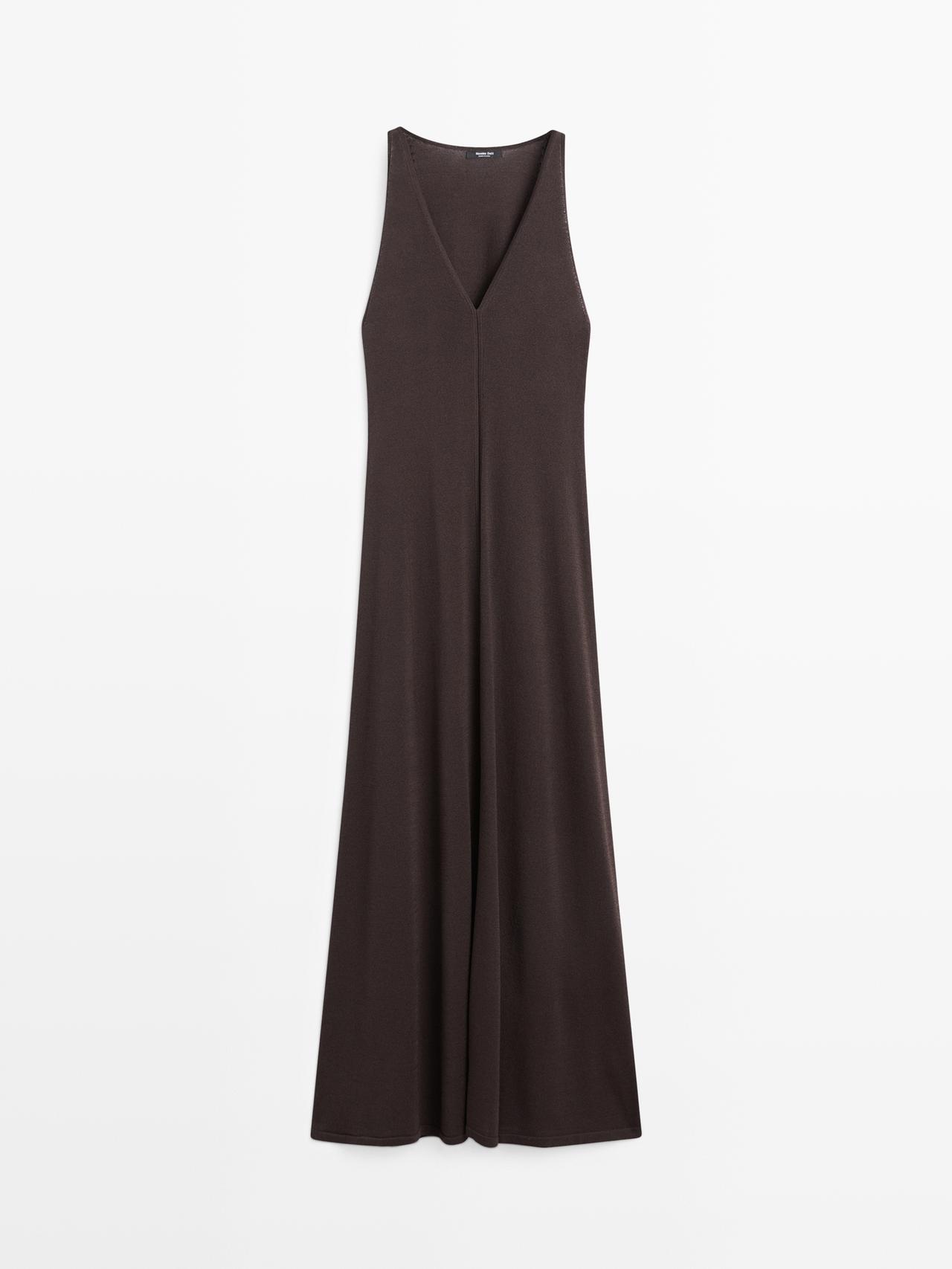 Massimo Dutti - Dames - Soepelvallende Midi-Jurk Met V-Hals - Bruin - M