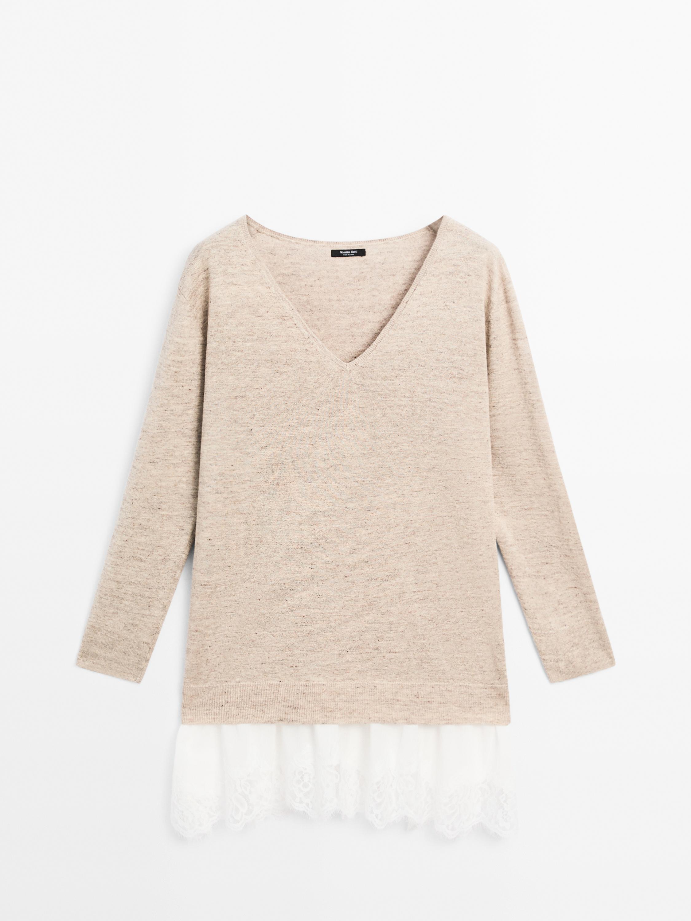 Linen blend dress with lace trim