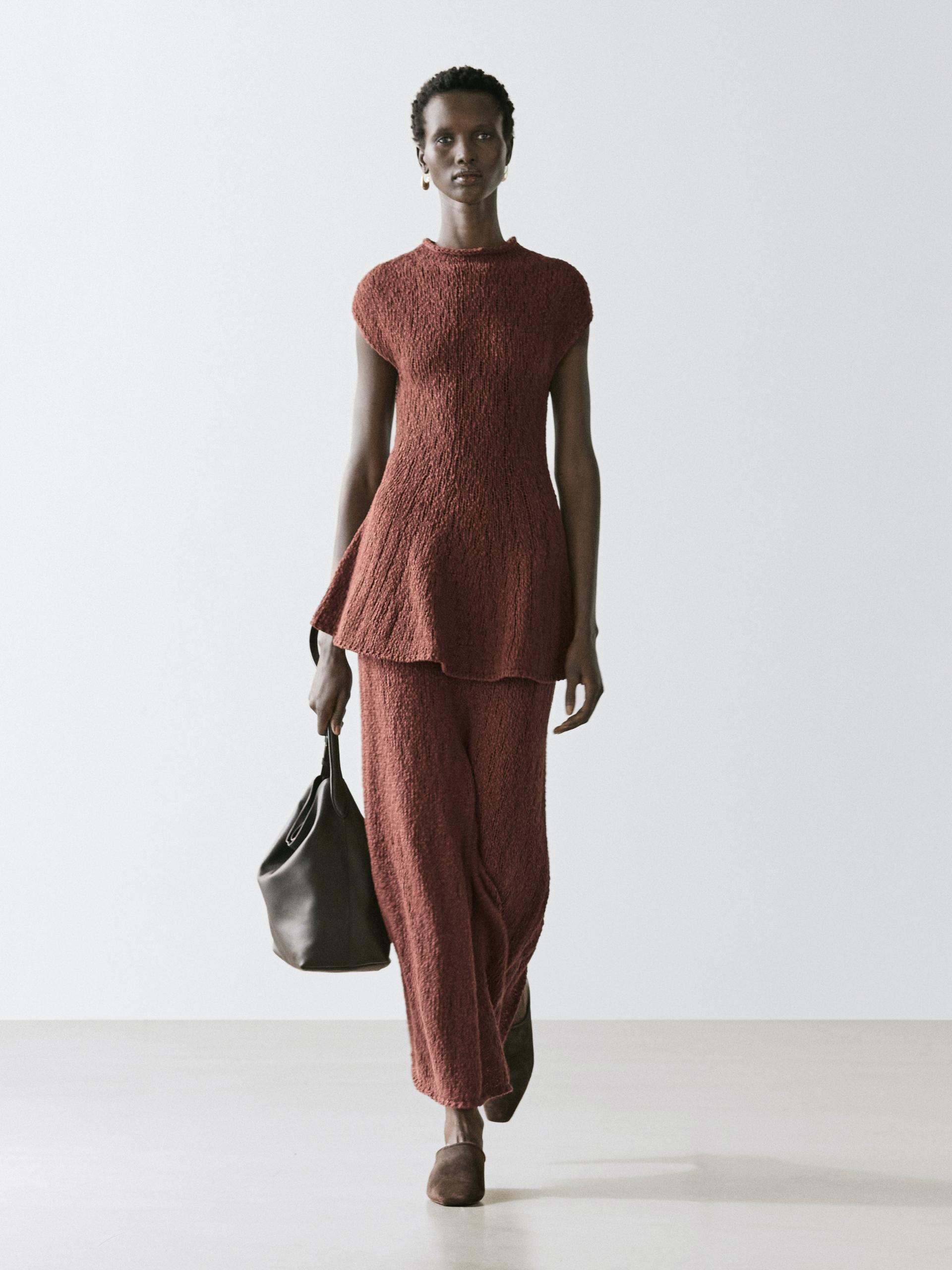 Falda Midi Punto Algodón - Teja - M - Massimo Dutti - Mujer