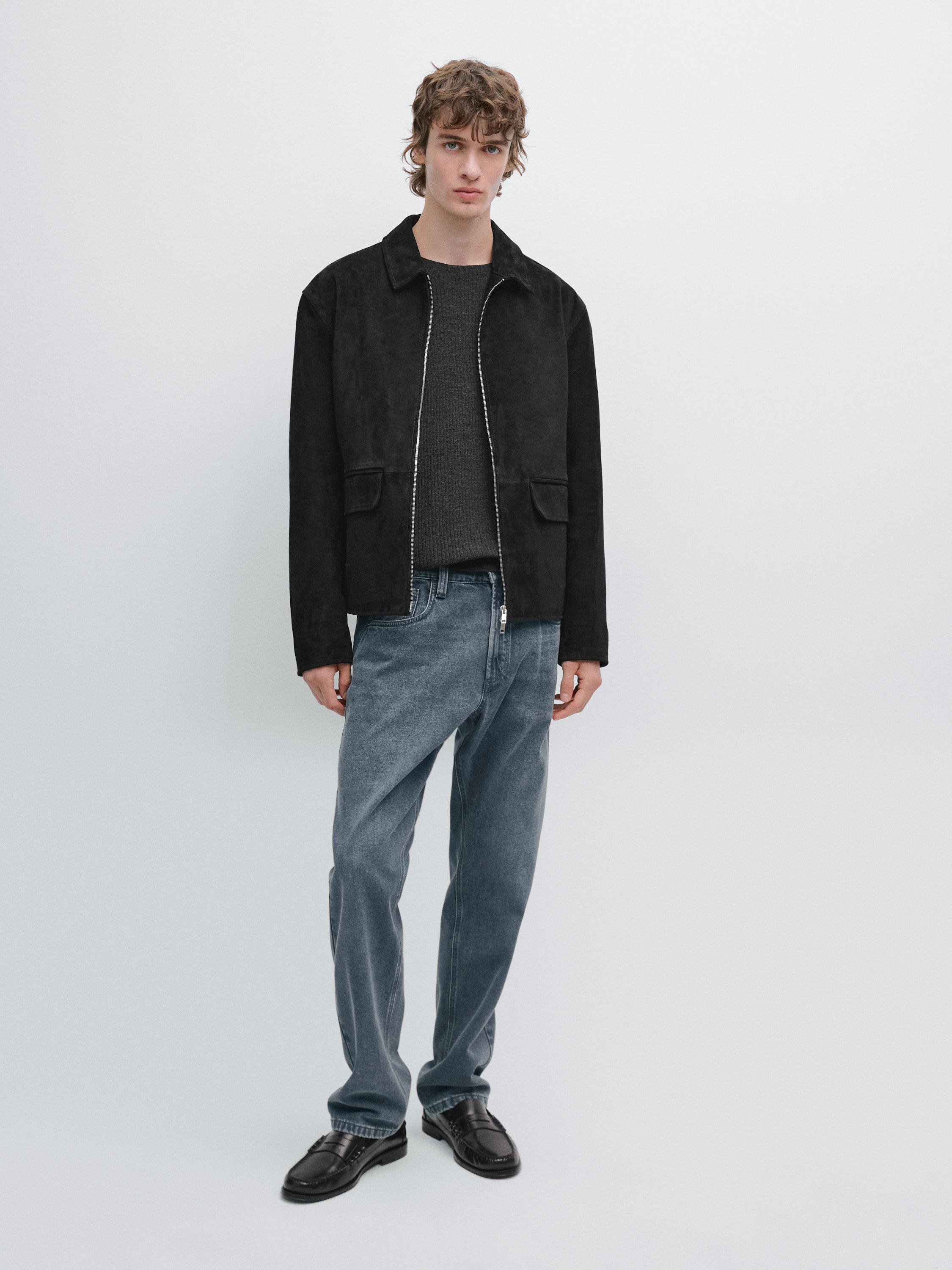 Suede leather zip-up jacket