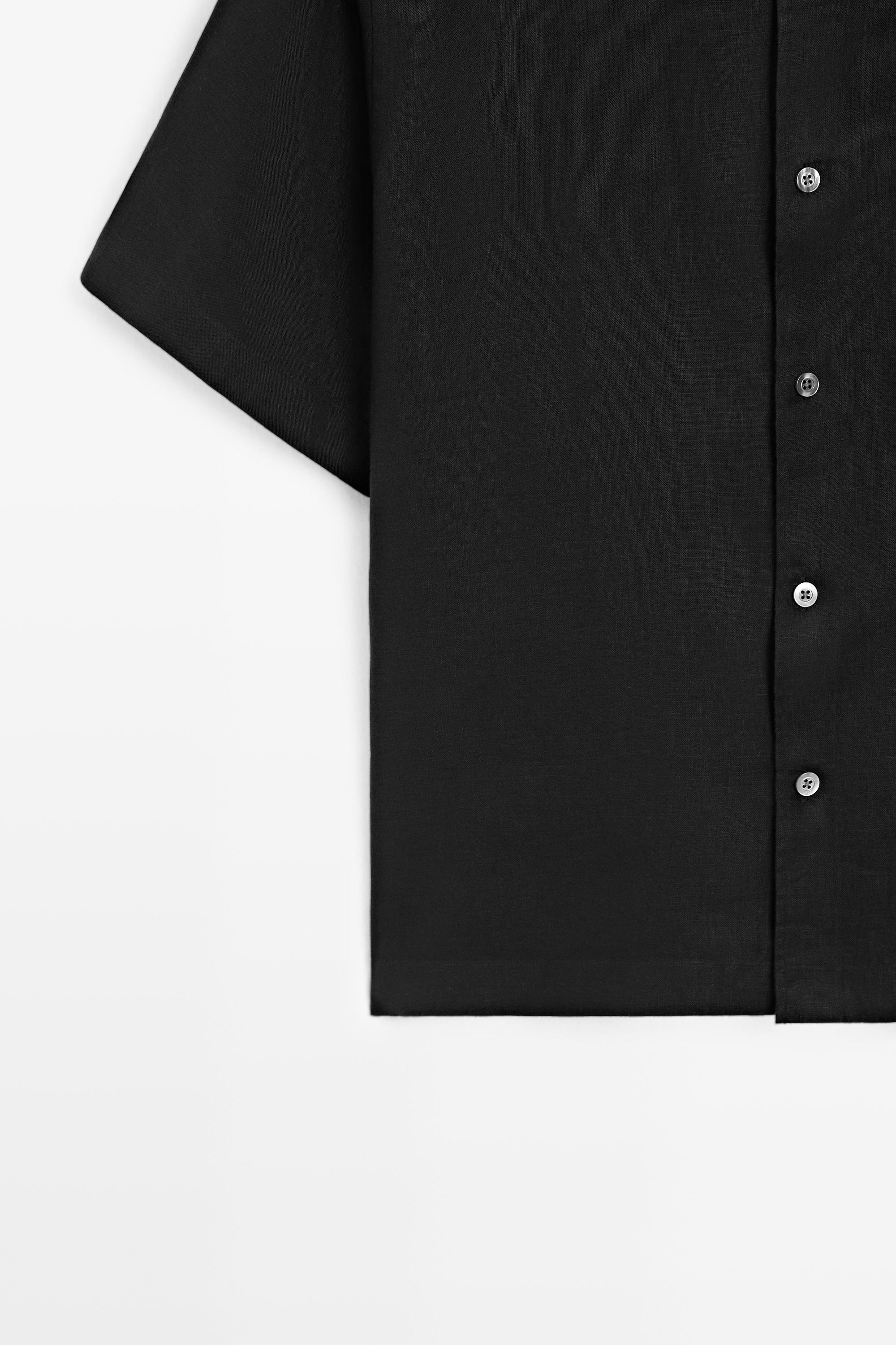 100% linen regular fit short sleeve shirt — BLACK