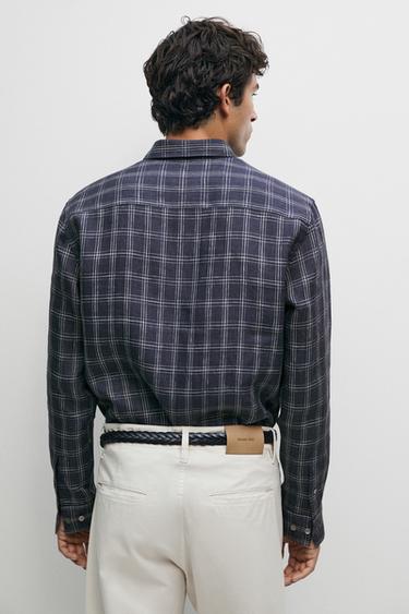 100% linen relaxed fit check shirt — BLUE 4