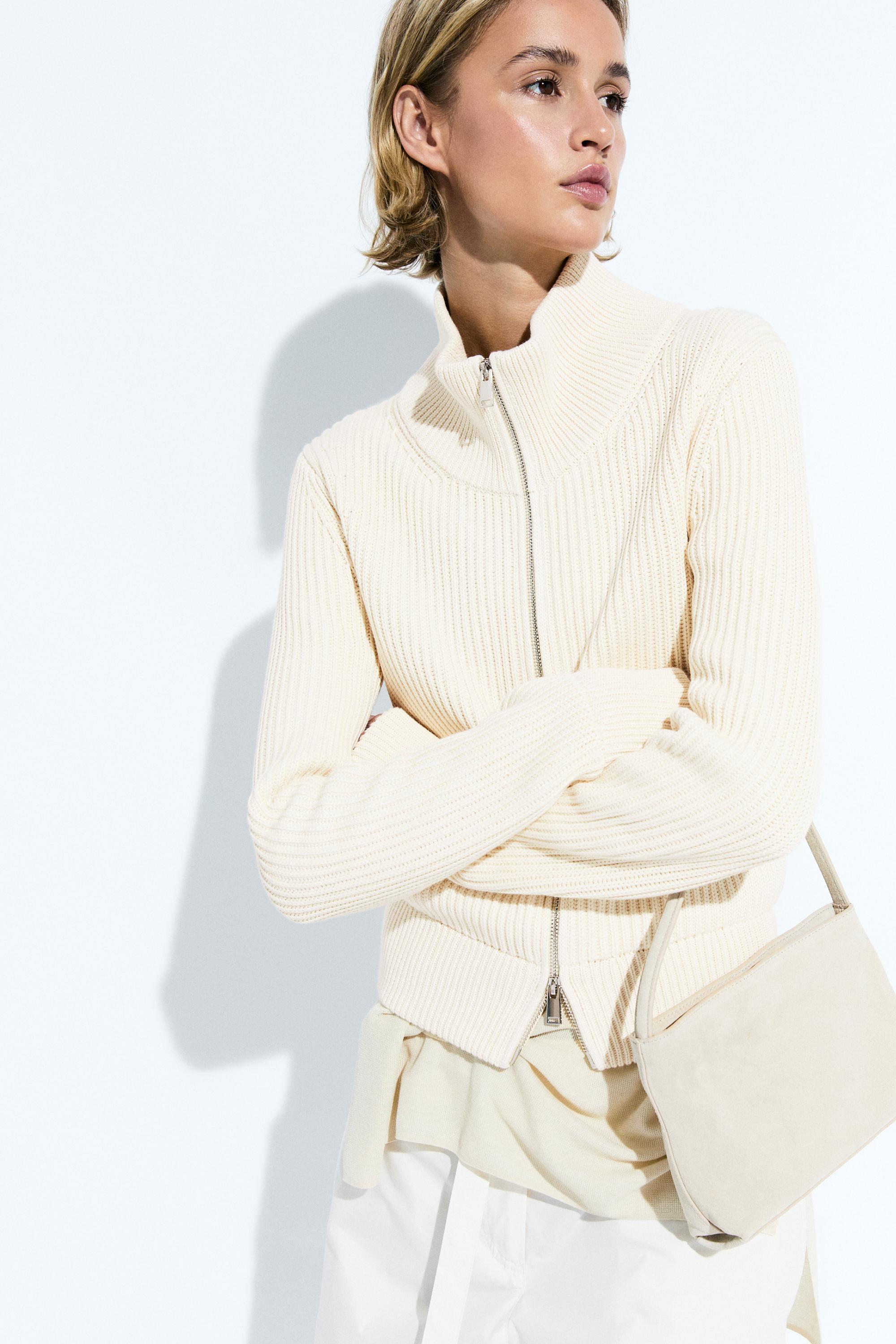 100% cotton purl knit cardigan — CREAM