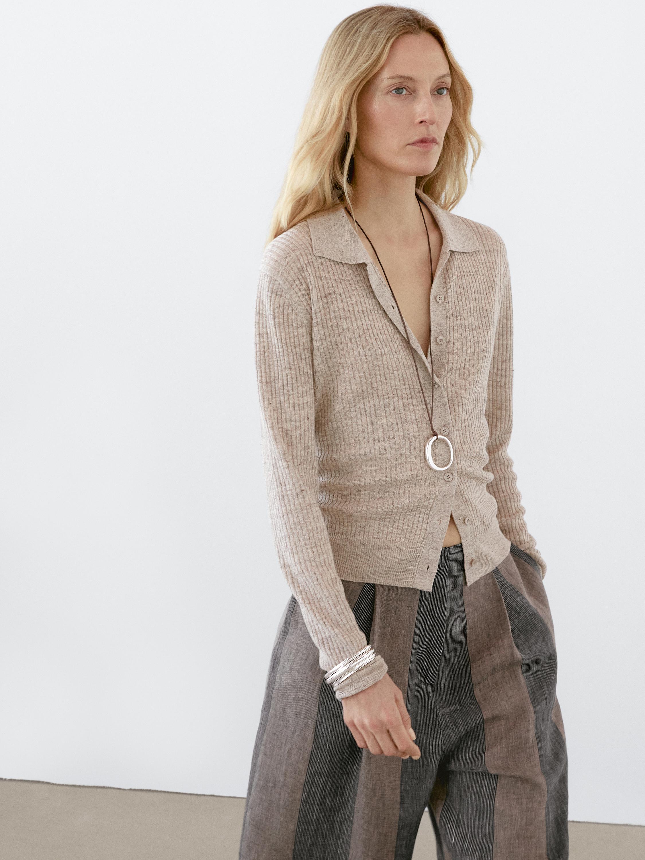 كارديغان بحياكة مرقطة من الكتان المخلوط