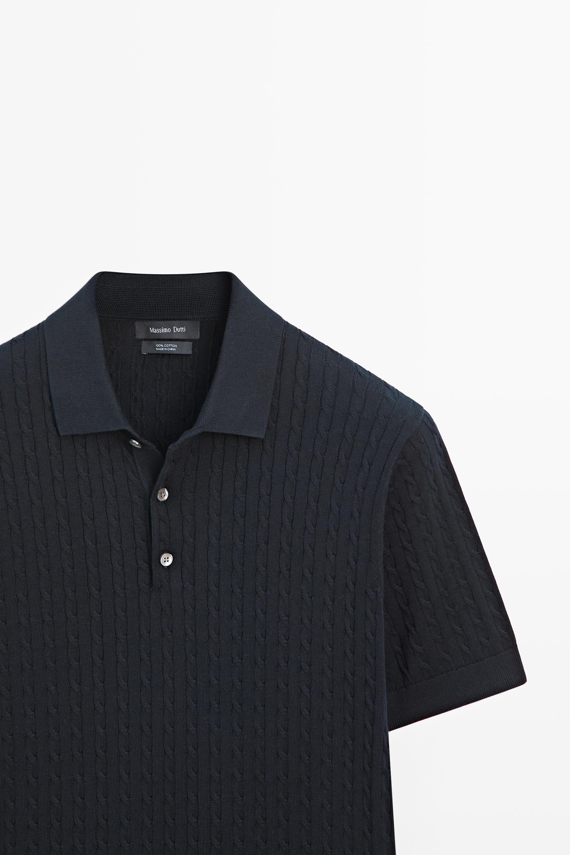 100% cotton cable-knit polo shirt — NAVY BLUE