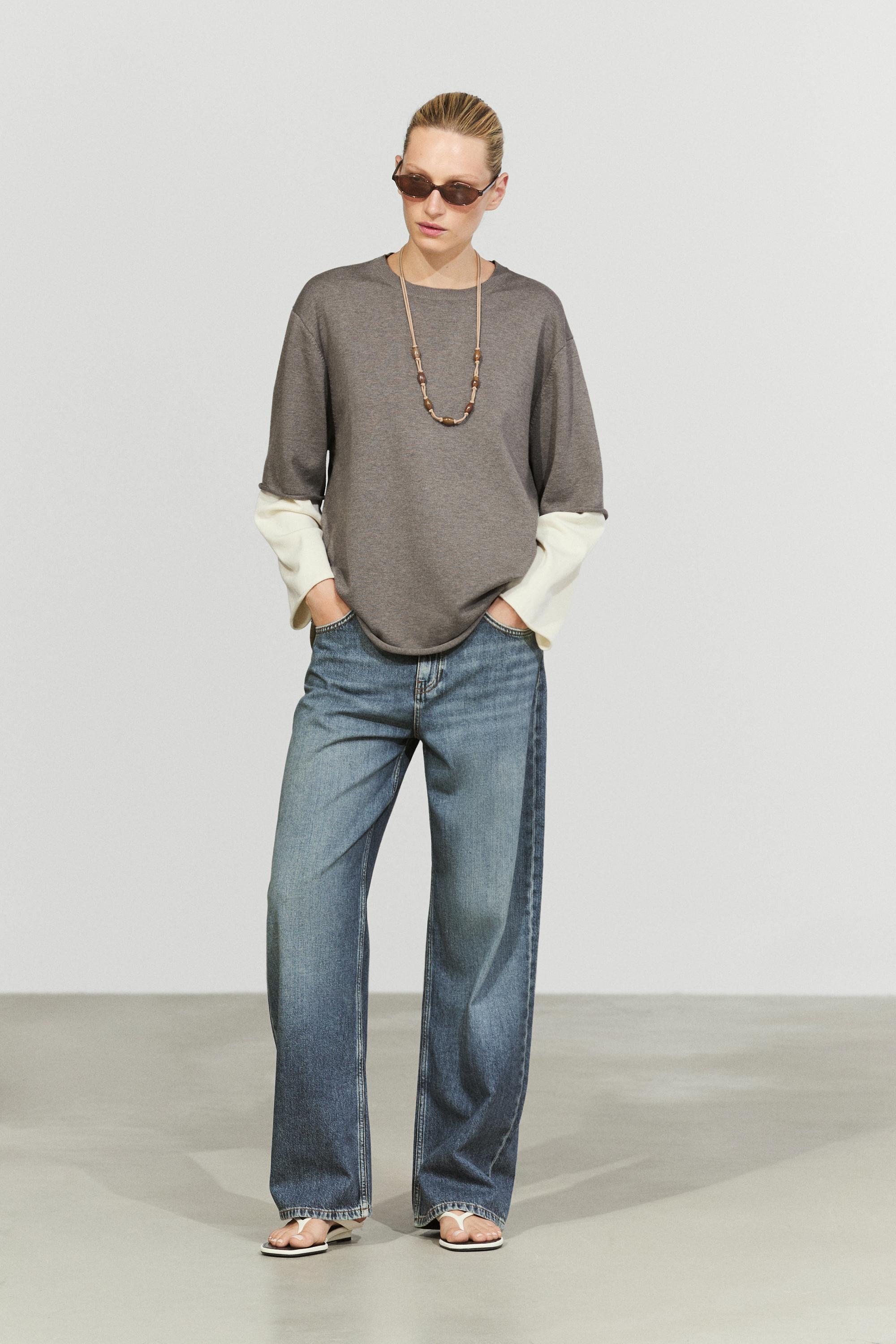 Oversize knit sweater with double sleeve detail — DARK KHAKI