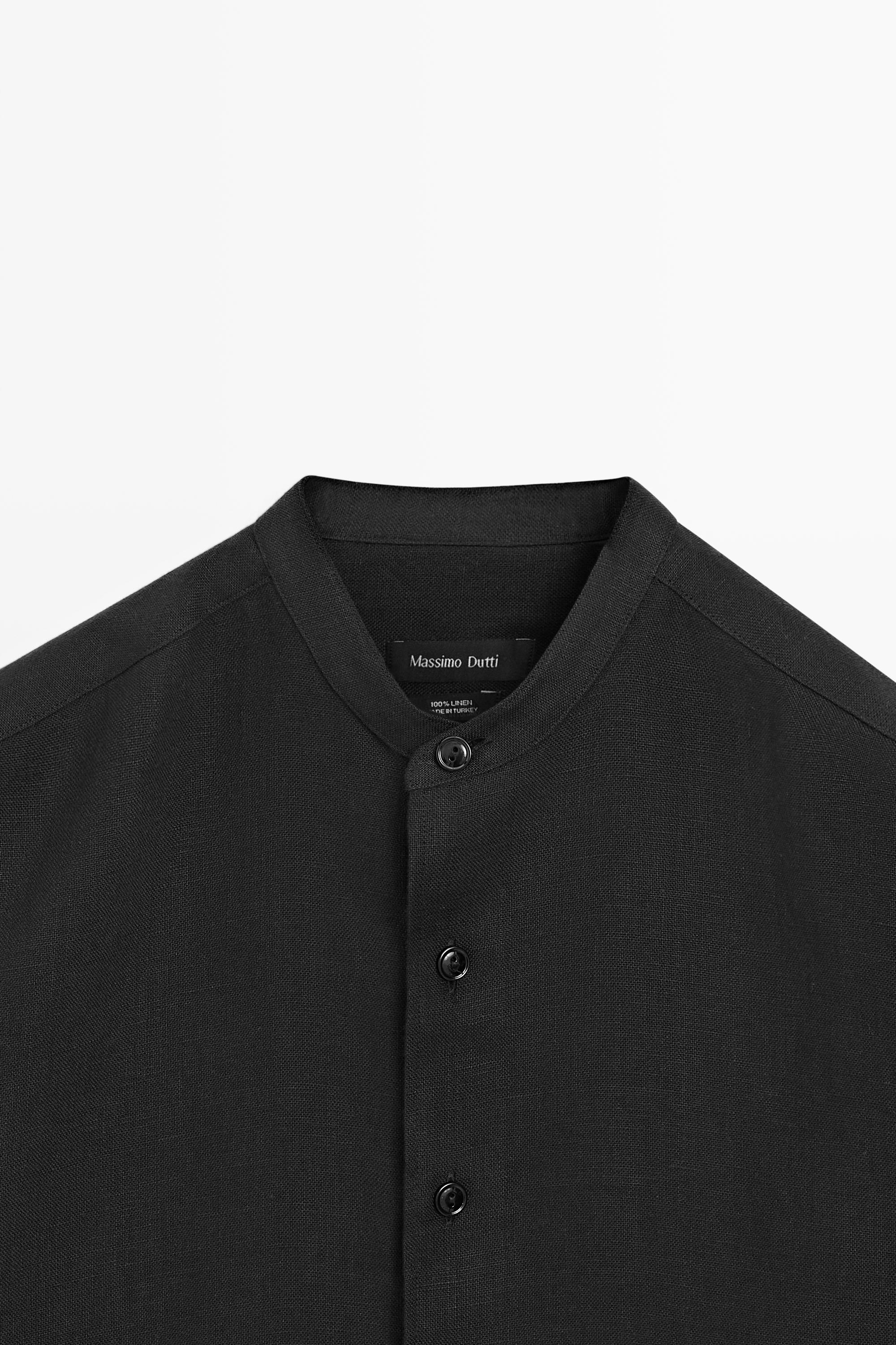 100% linen stand collar shirt — BLACK
