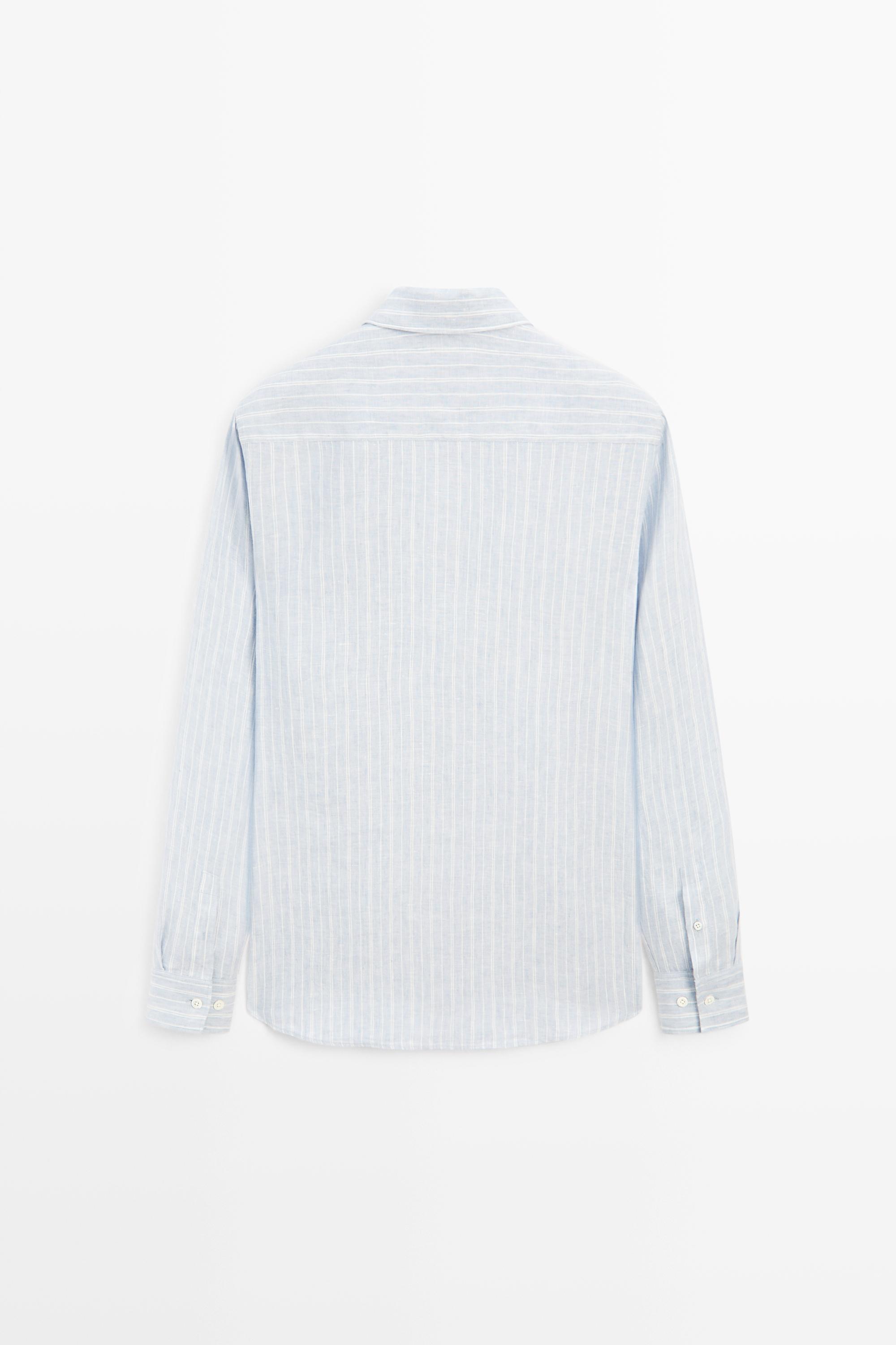 100% linen regular fit faded striped shirt — BLUE
