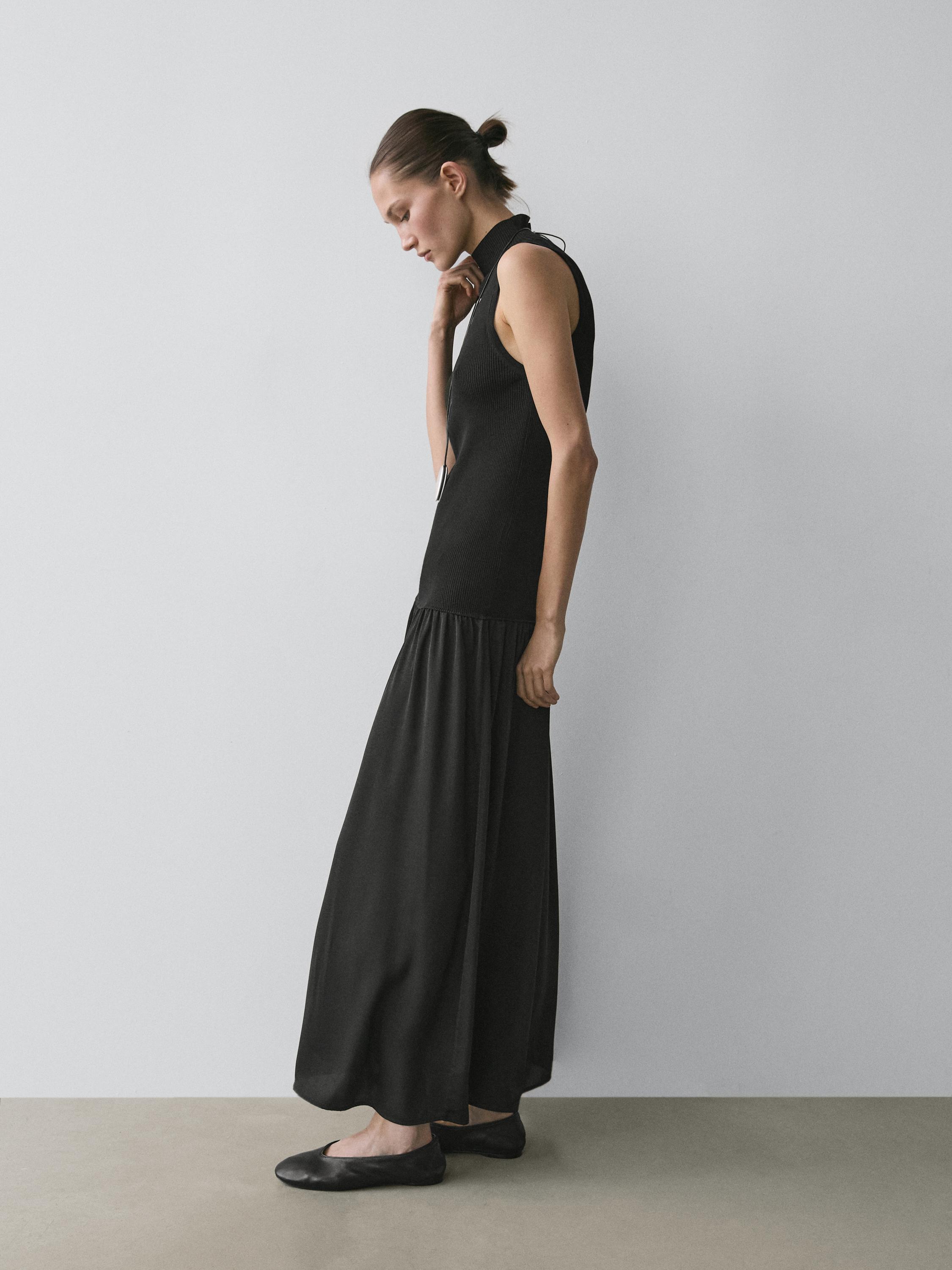 Knit midi dress with contrast detail — BLACK