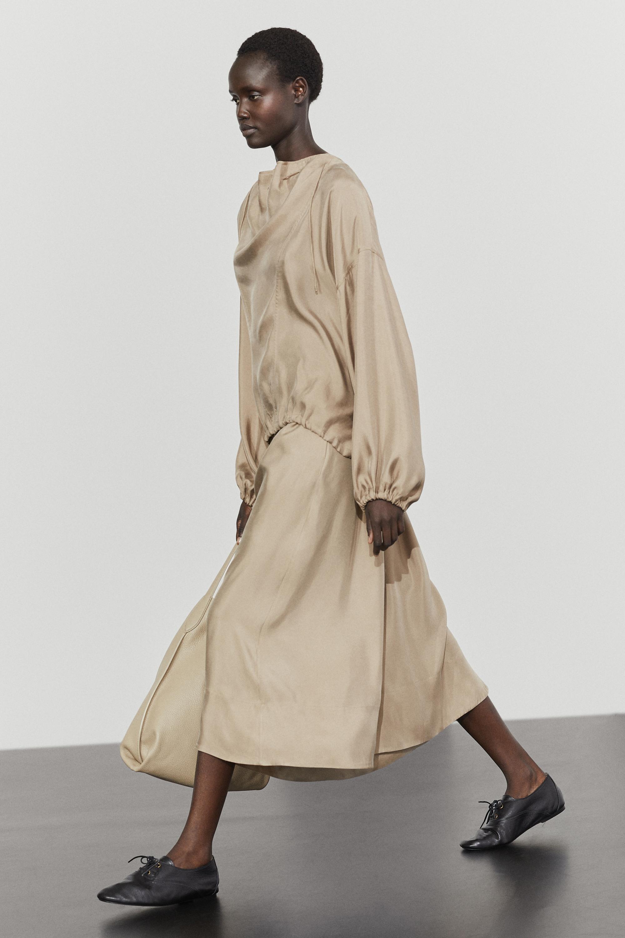 Flowing elastic waist midi skirt — SAND