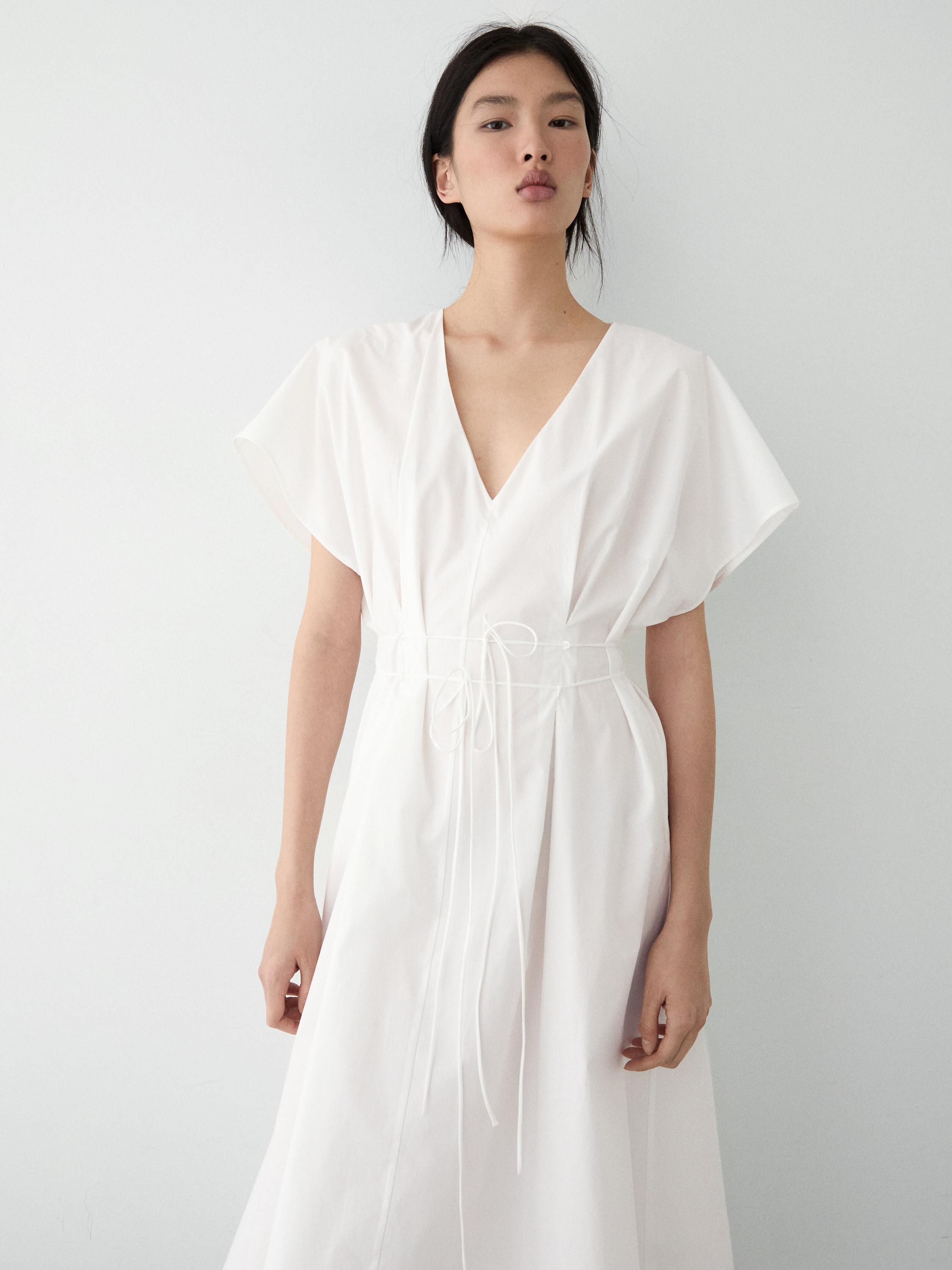 Poplin flounce midi dress — WHITE