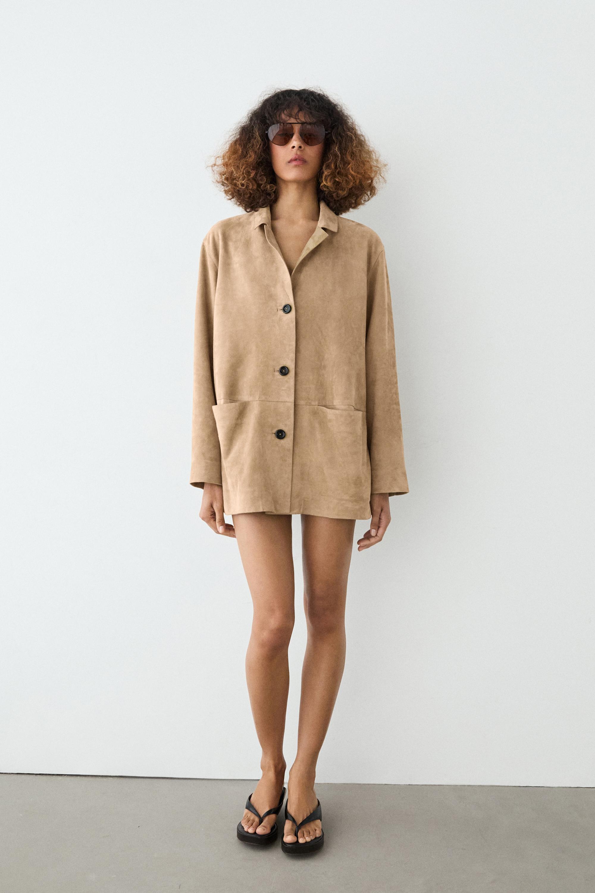 100% suede leather blazer with pocket details — SAND