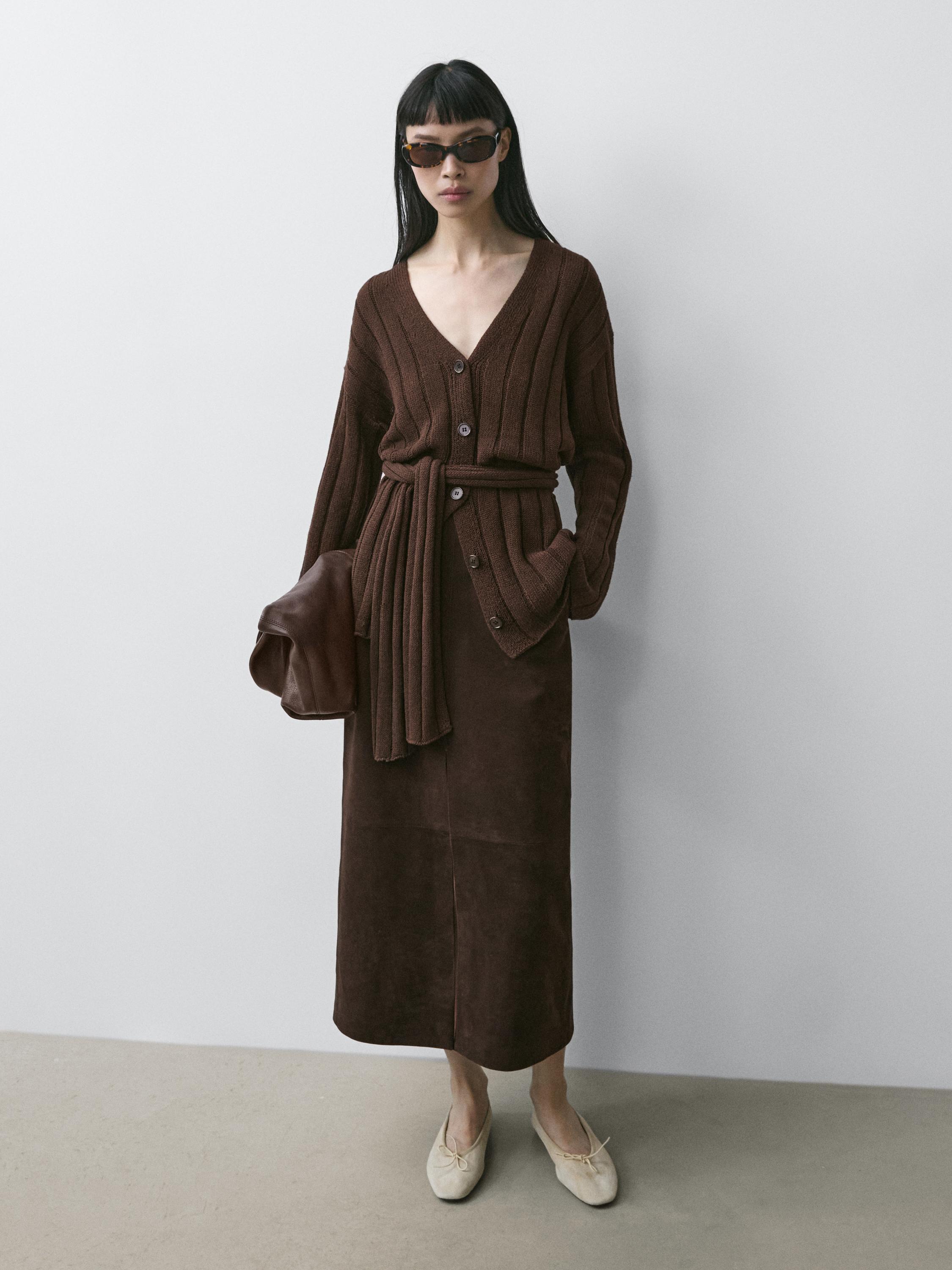 Knit cardigan with waist detail — Chocolate