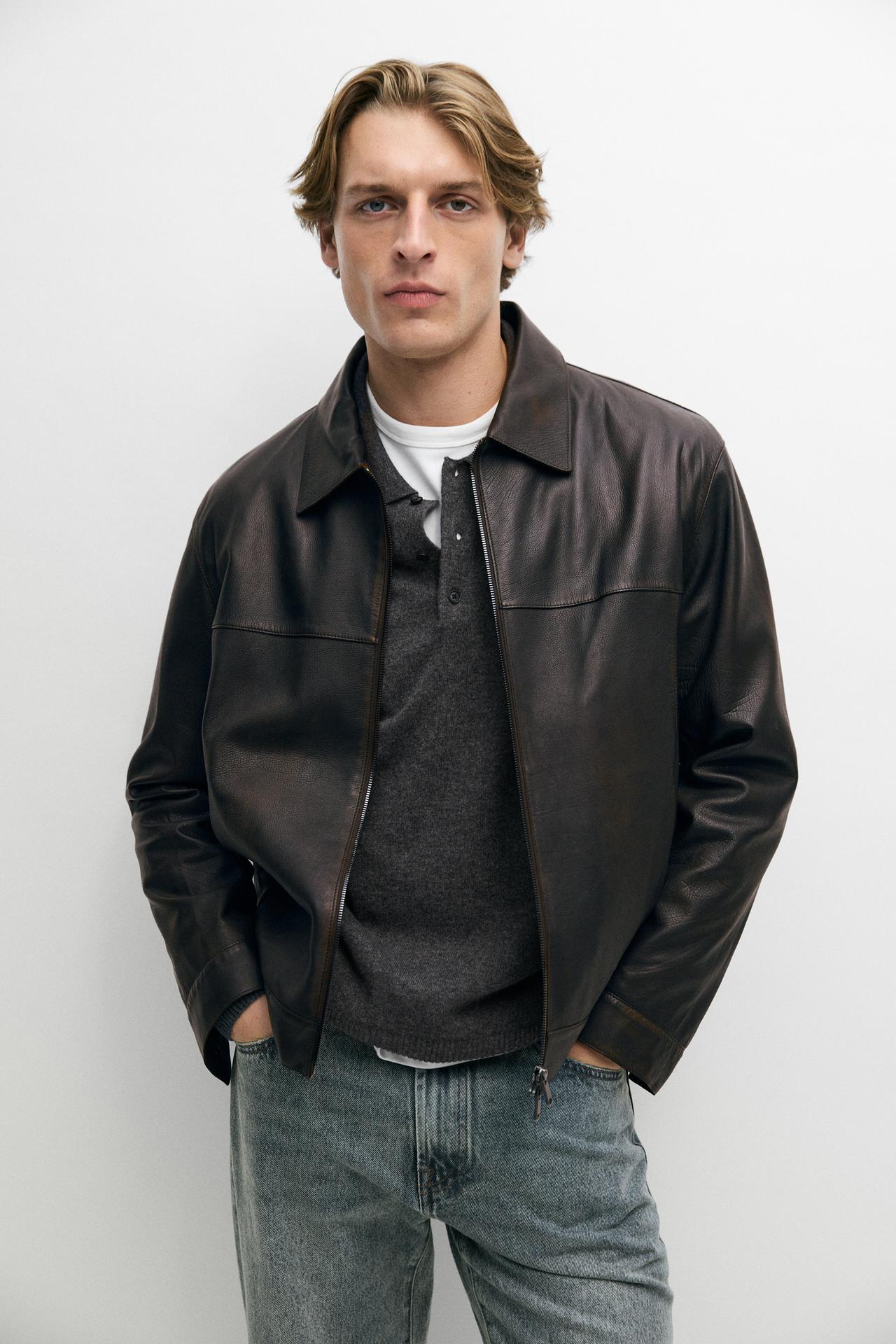 Jacket with Nappa Leather Collar Detail — BROWN