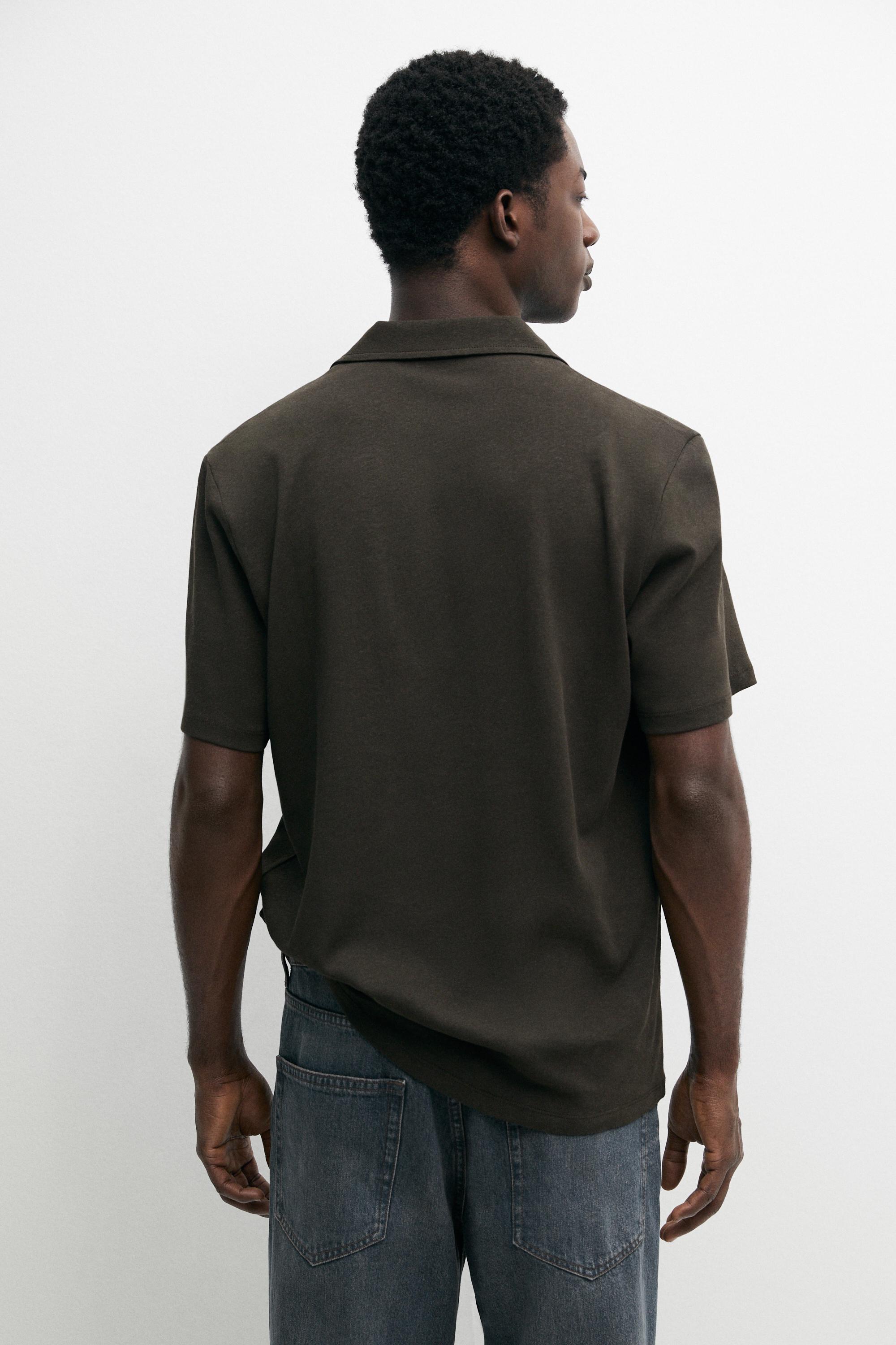 Regular fit short sleeve linen-cotton blend shirt — KHAKI