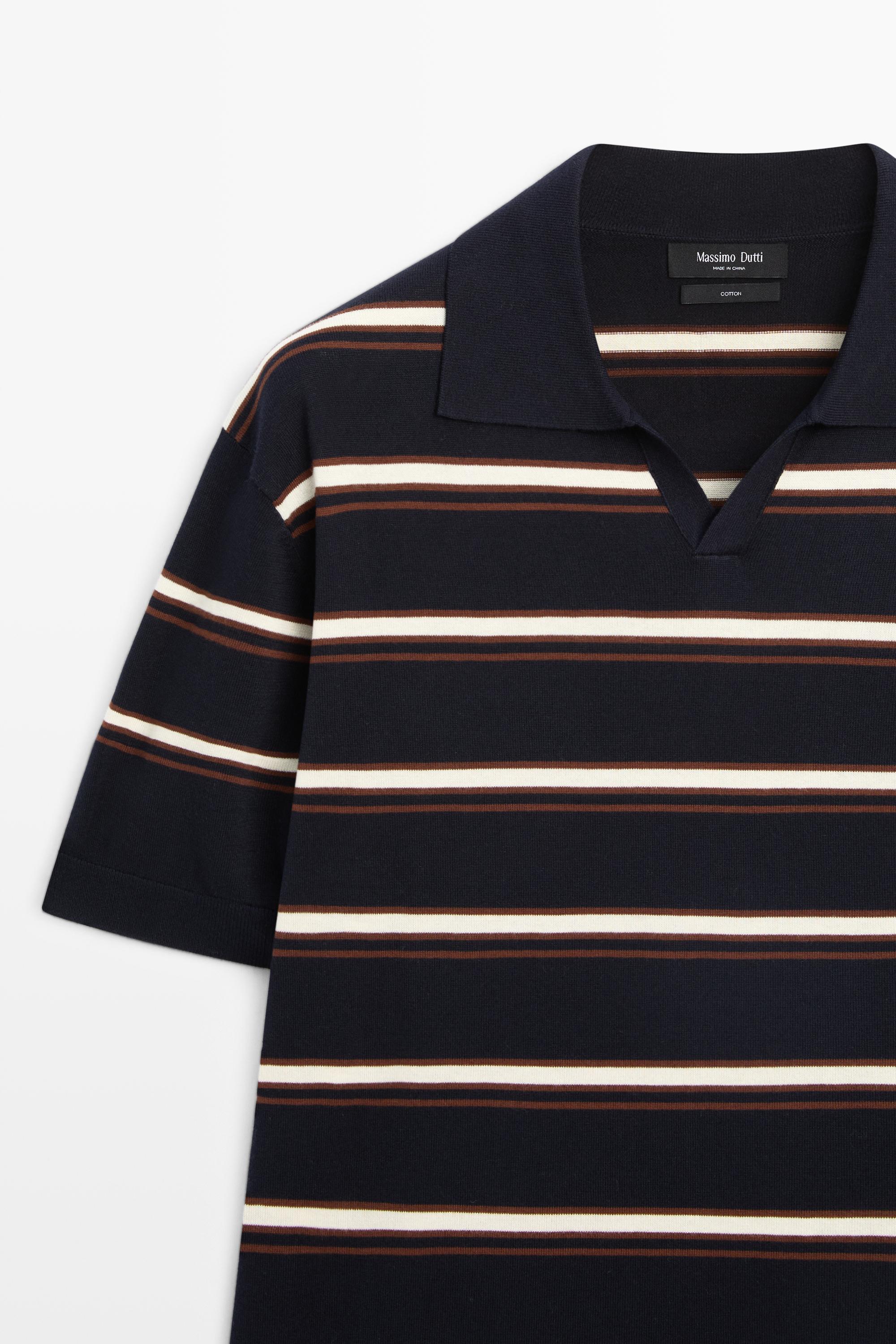 Striped V-neck knit polo shirt — NAVY BLUE