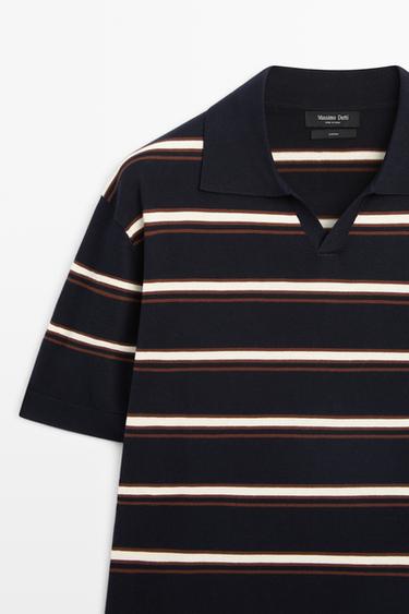 Striped V-neck knit polo shirt — NAVY BLUE 4