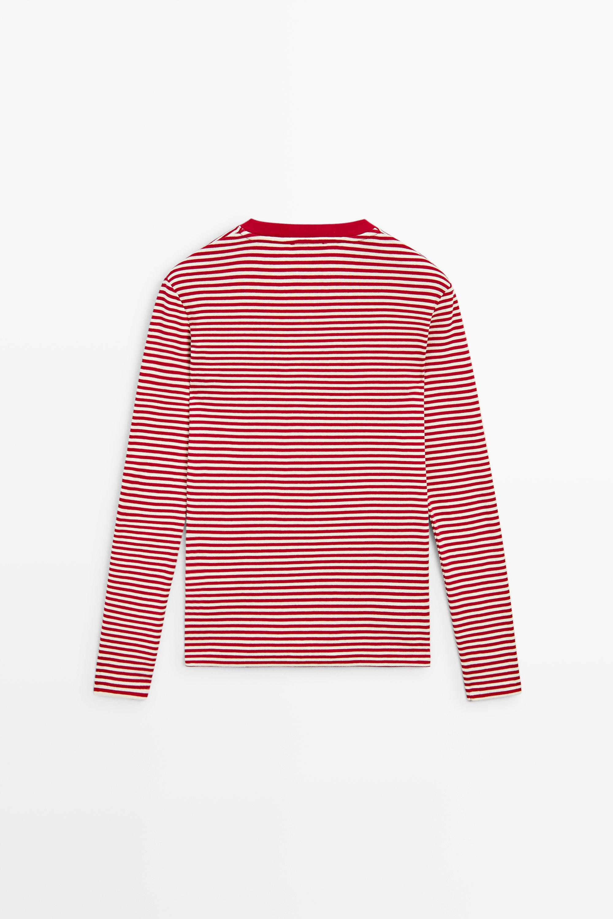 100% cotton long sleeve striped T-shirt — RED